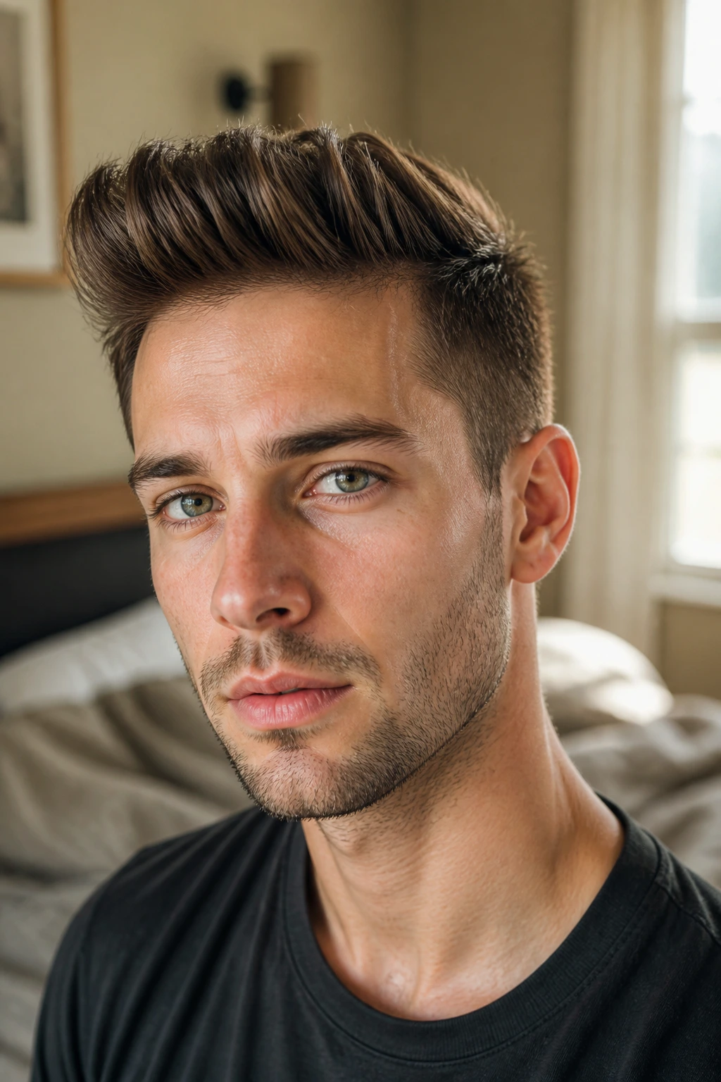 Close-up portrait of a real person with a quiff showing crown lift and tapered sides in warm natural light.