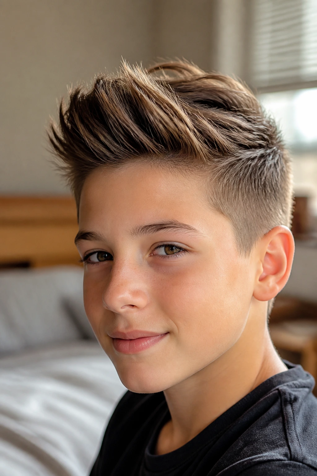 Close-up portrait of a real boy with a quiff showing front fullness on fine hair in a bedroom setting