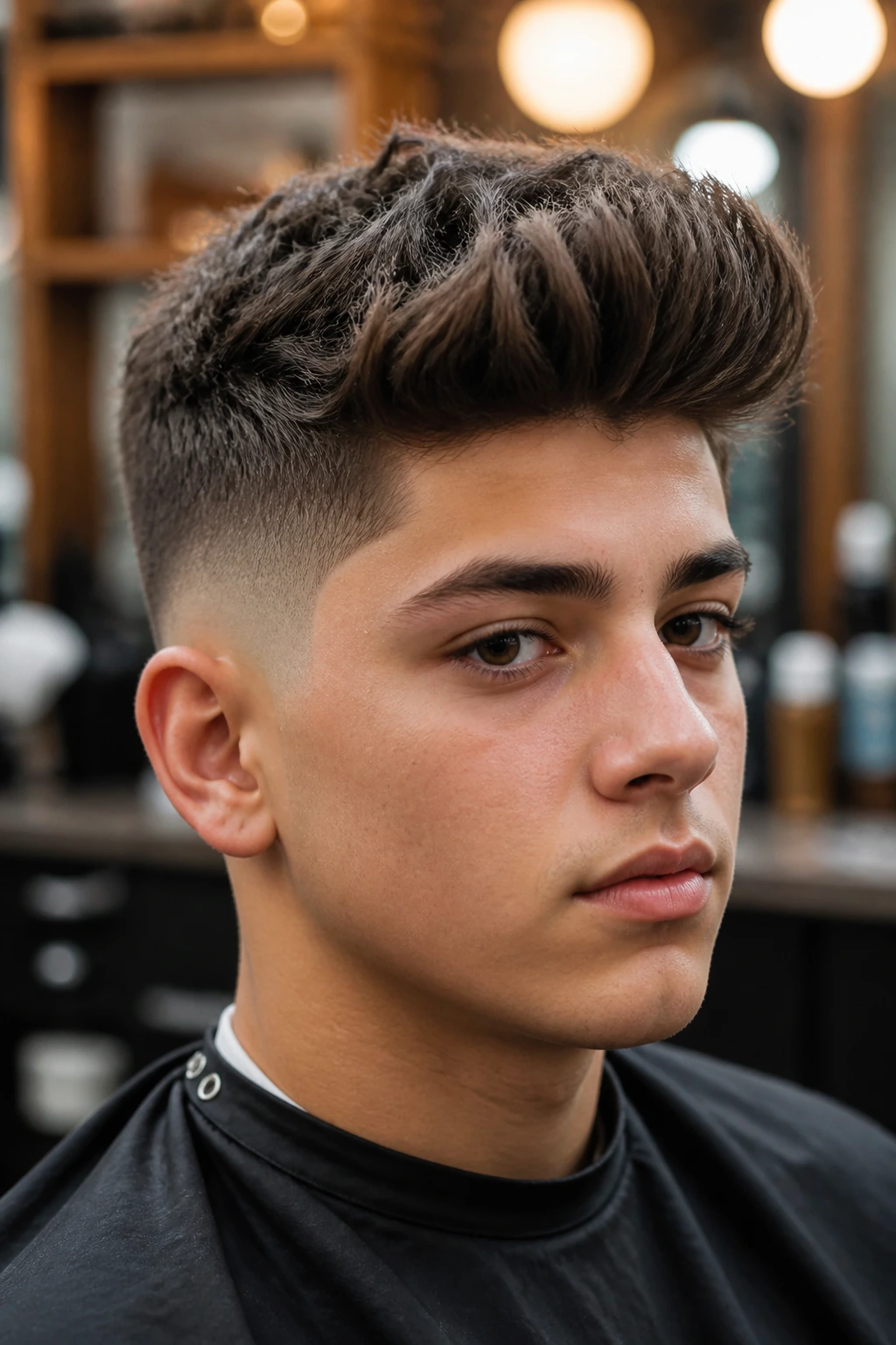 Close-up portrait of a boy with a textured quiff and low fade in a barber shop