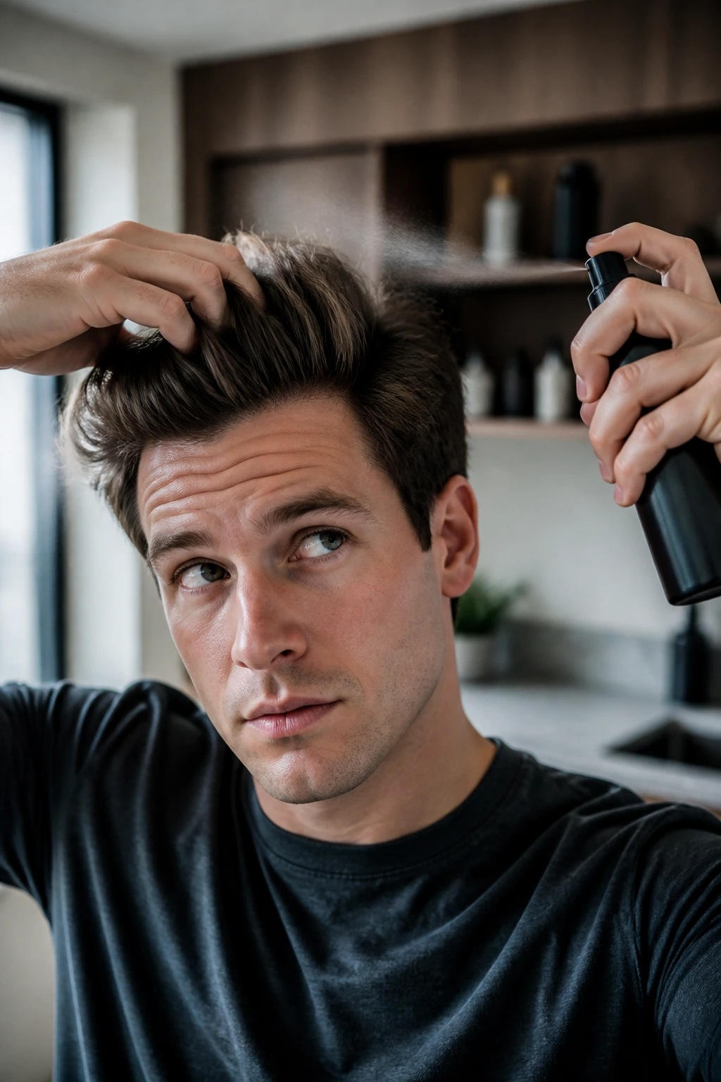 Person refreshing quiff between washes with a spray
