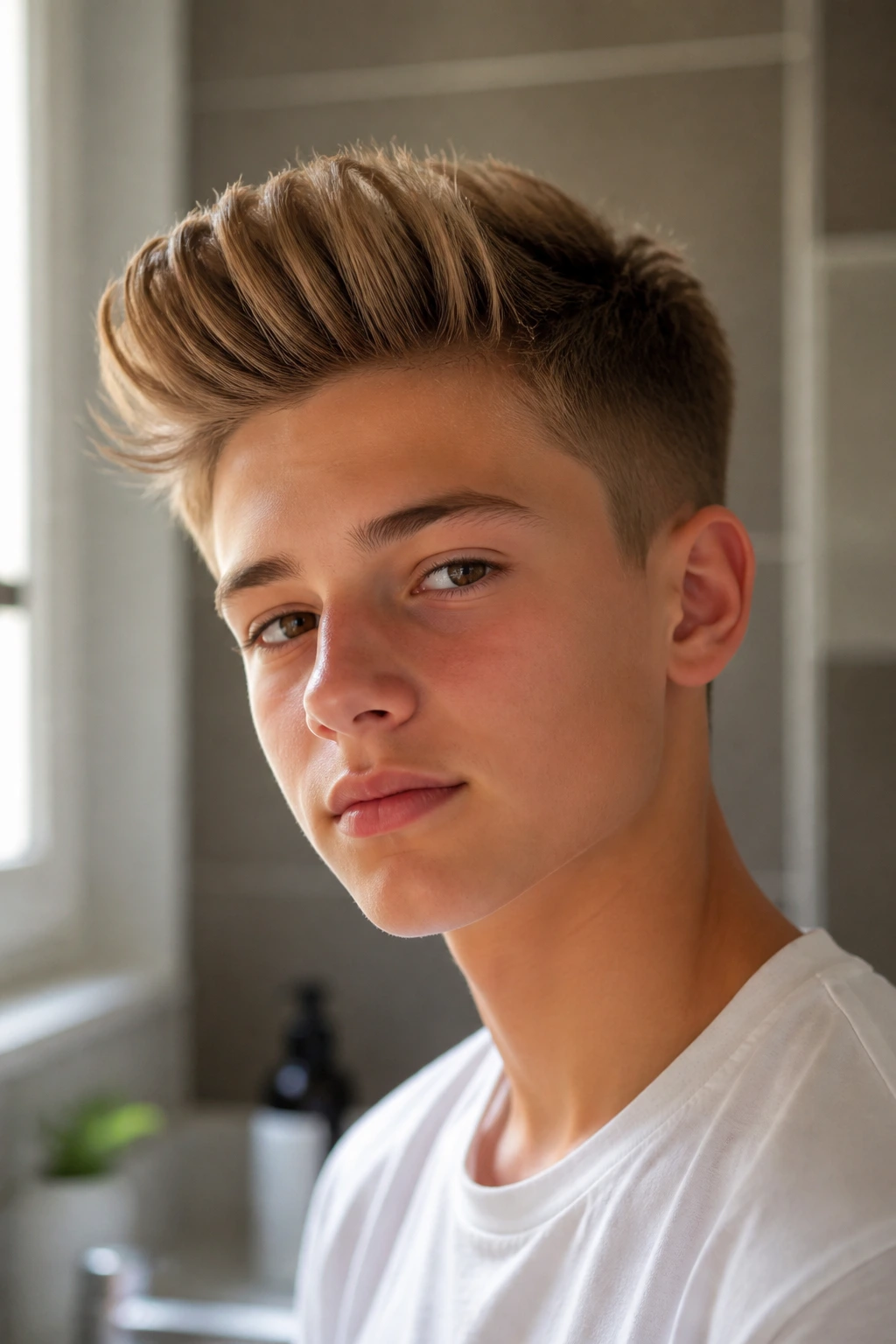 Close-up portrait of a teenage boy with a neat quiff showing shape maintenance at home