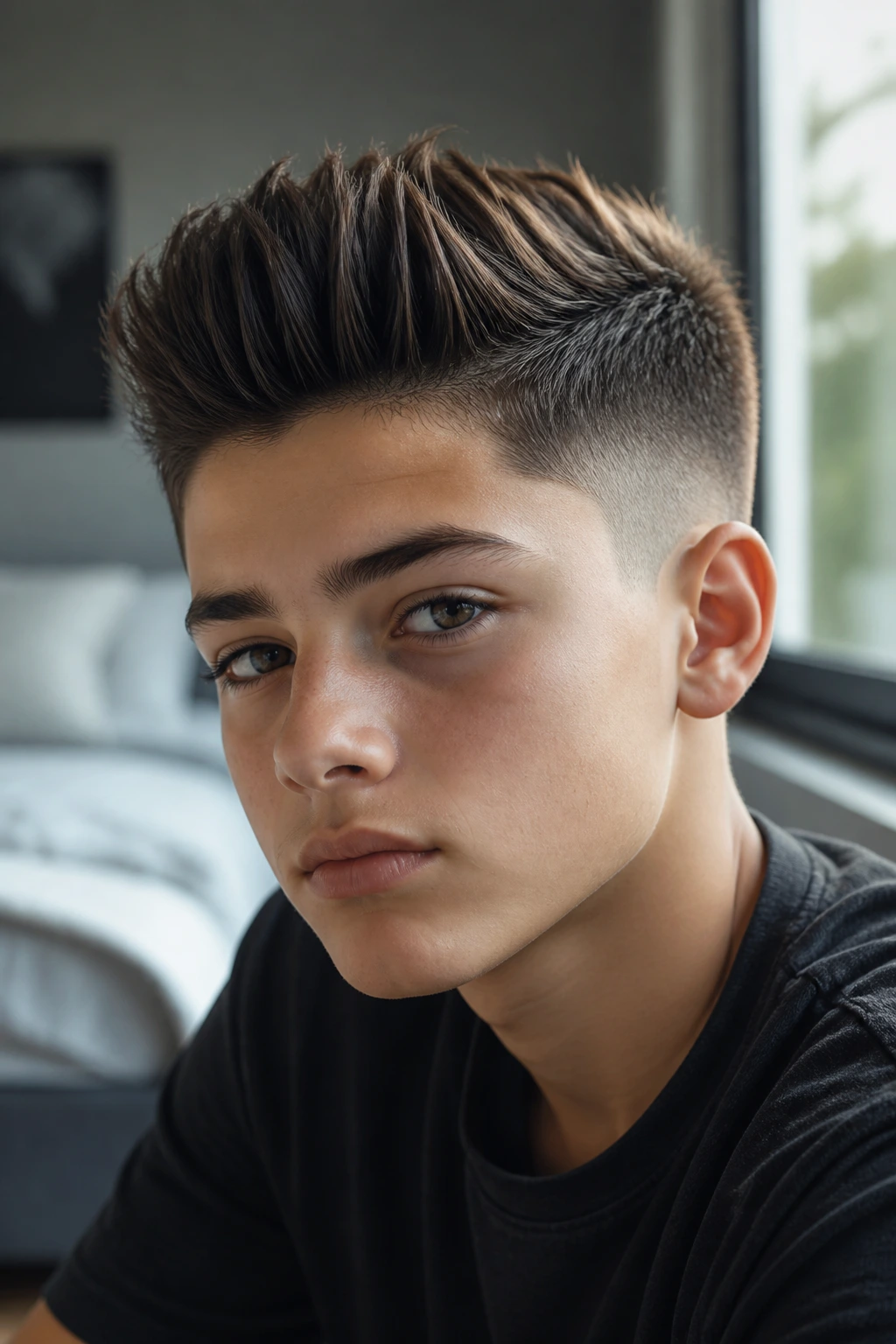 Close-up of boy with quiff and mid fade in side-window light