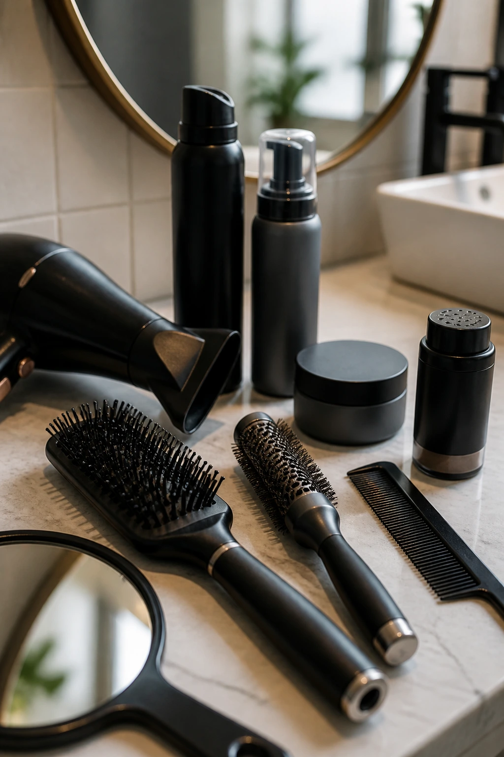 Close-up of essential quiff styling tools on a bathroom counter