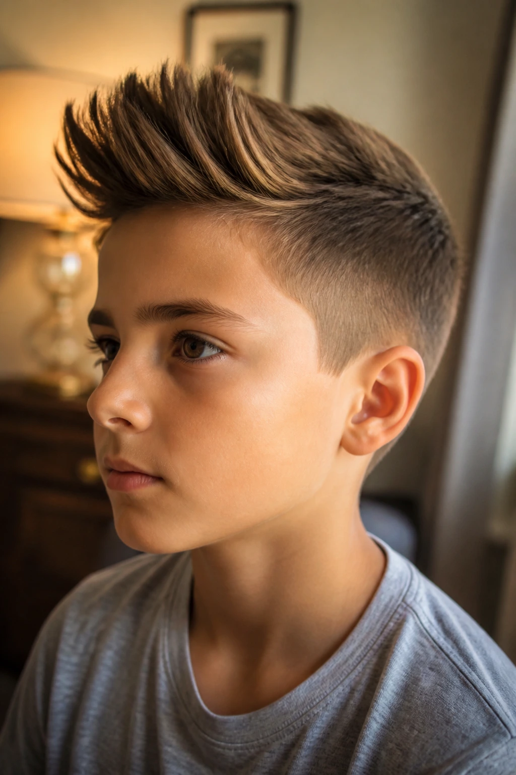 Boy with taller quiff showing variation in styling in a home setting