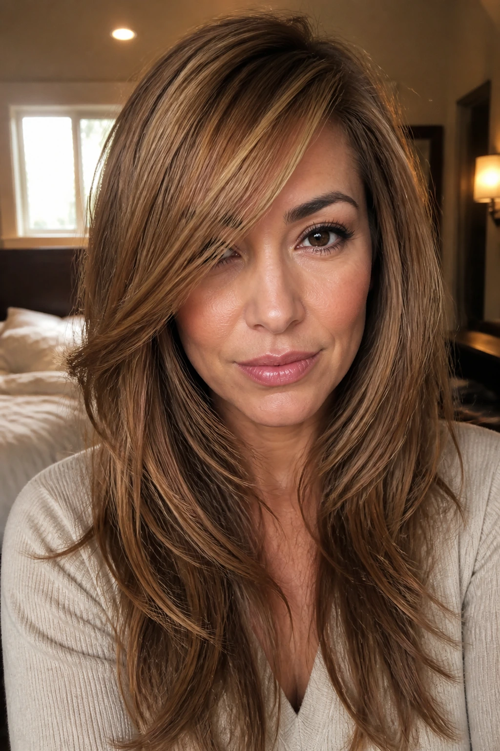 Close-up portrait of a real woman with Rachel-Inspired layers and a modern side-sweep hairstyle.