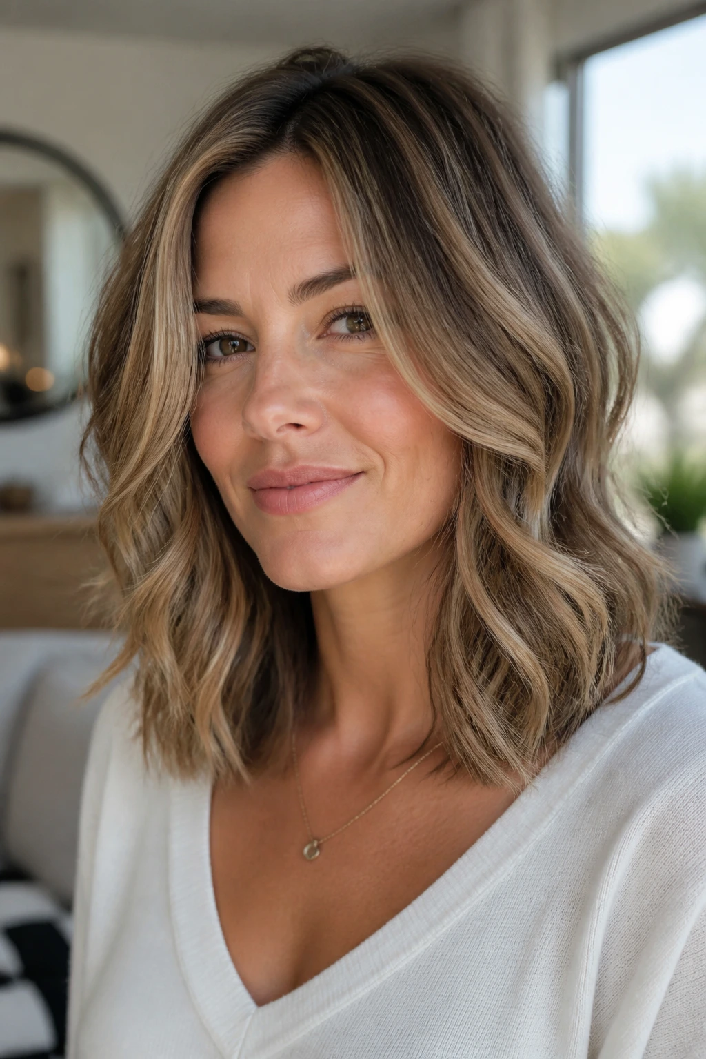 Portrait of a real woman with modern Rachel-inspired layered waves framing the face