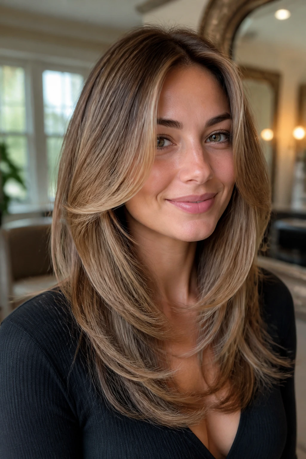 Close-up portrait of a real woman with The Rachel-Style Layered Blowout featuring face-framing layers and crown lift