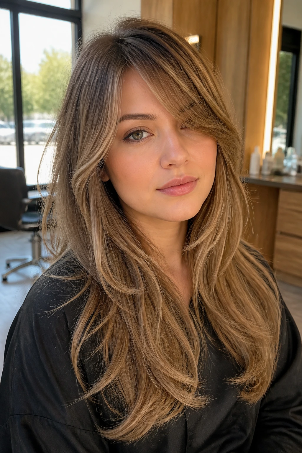 Close-up of a real woman with Long Rachel-Style Layers framing her face in a sunlit salon.
