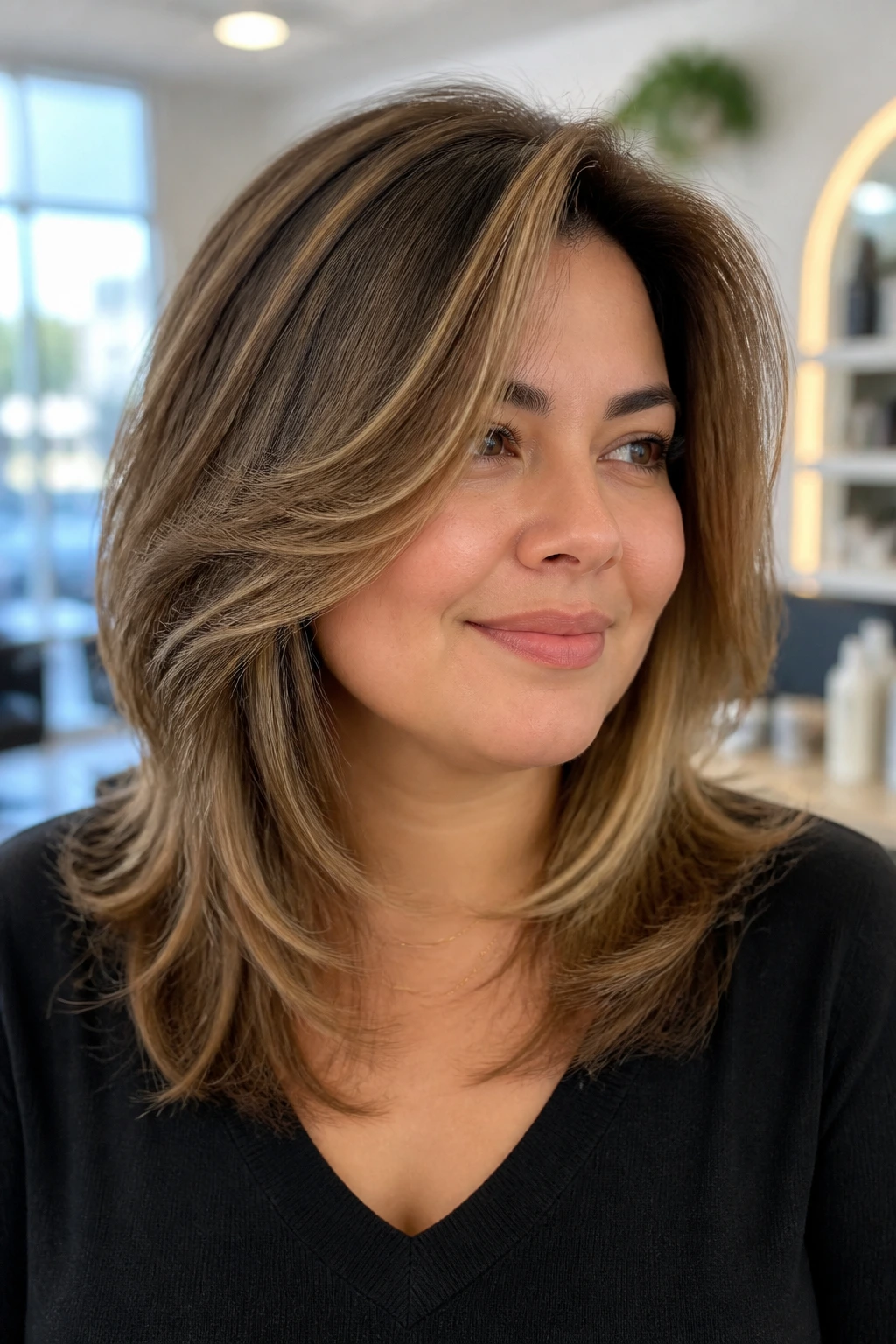 Close-up of a real woman with Modern Rachel-style layers and a softer line
