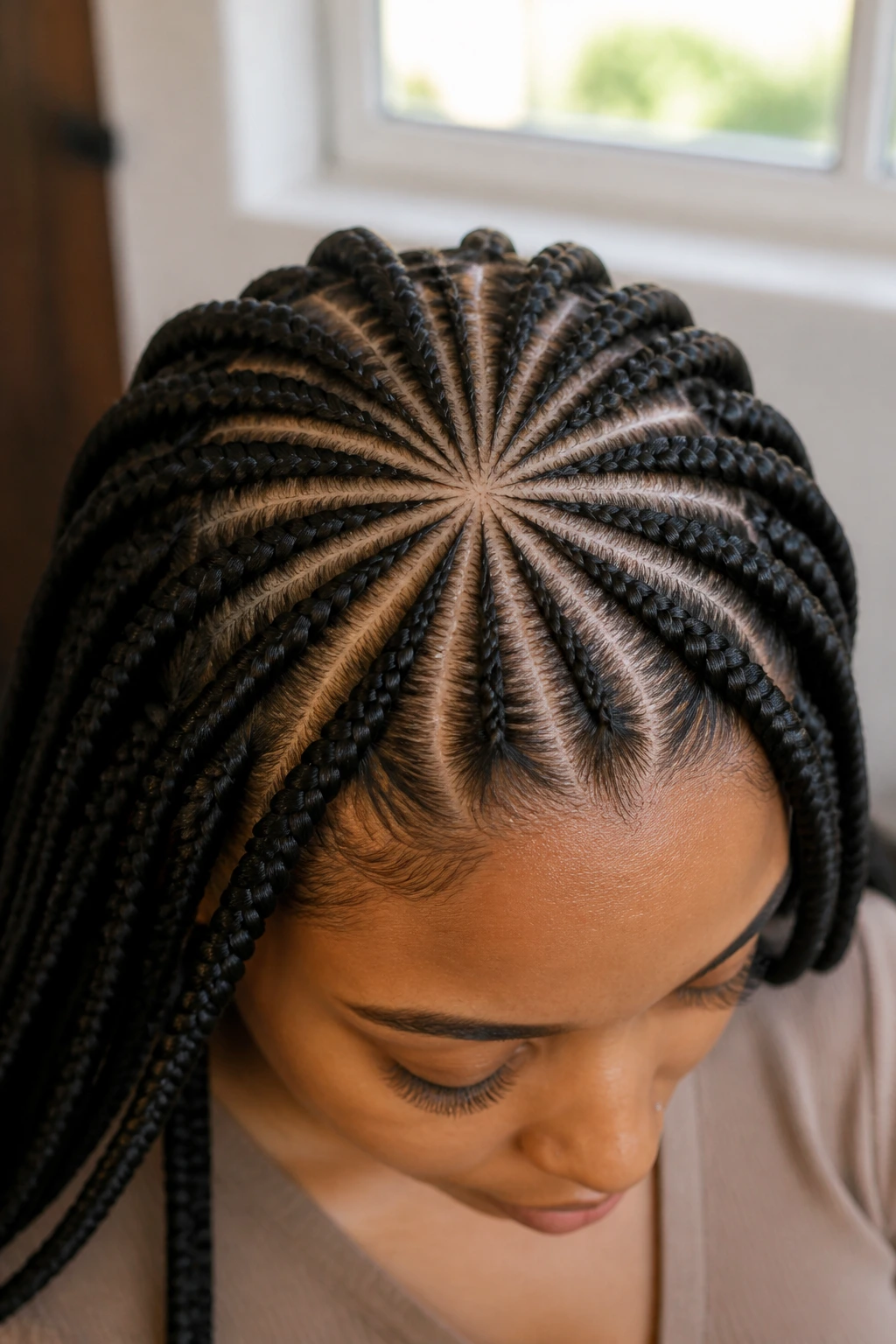 Close-up of a real woman with radial-part braids emanating from the crown