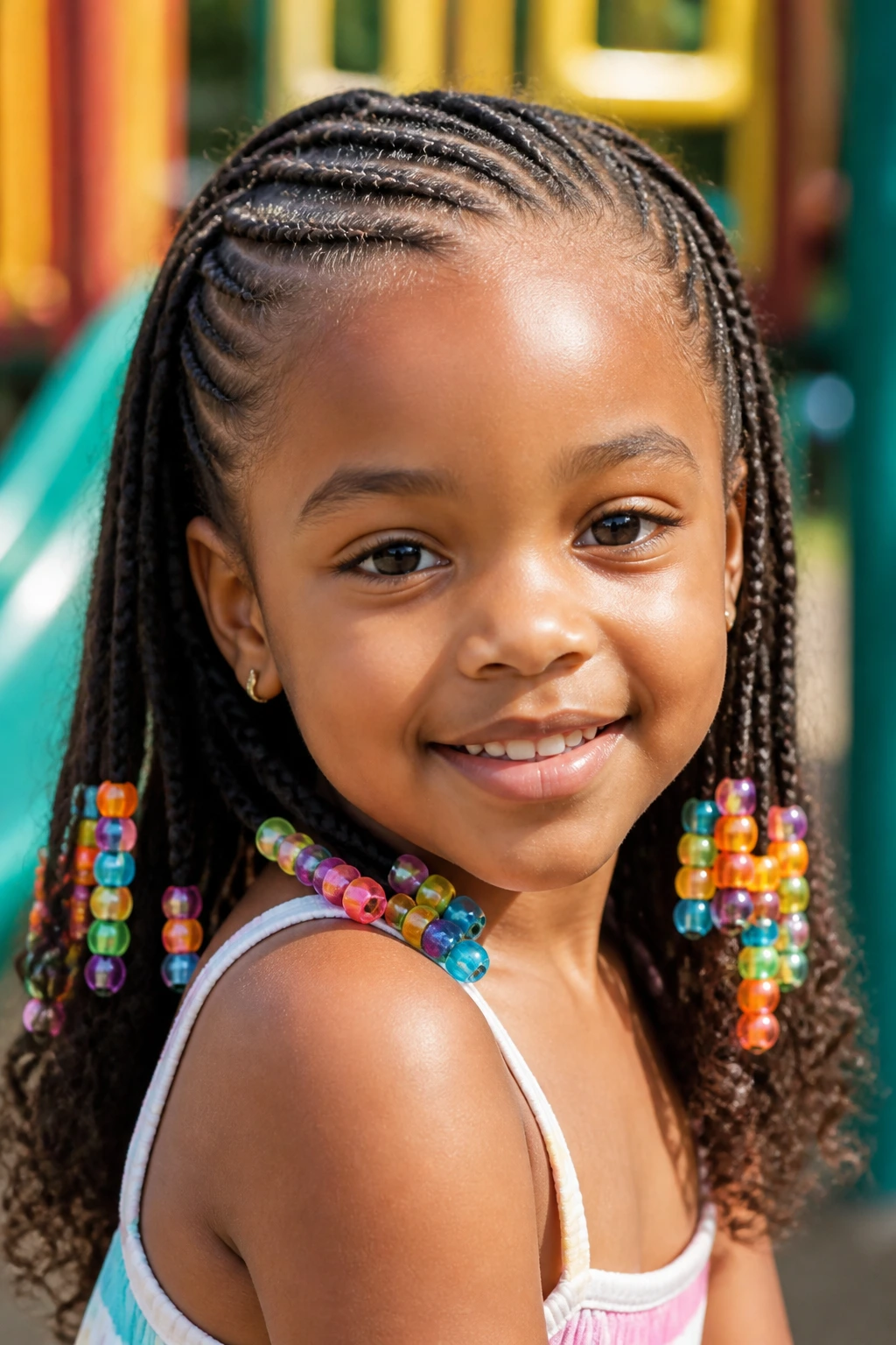 Close-up portrait of a real girl with rainbow bead ends on half cornrows in sunny outdoor setting