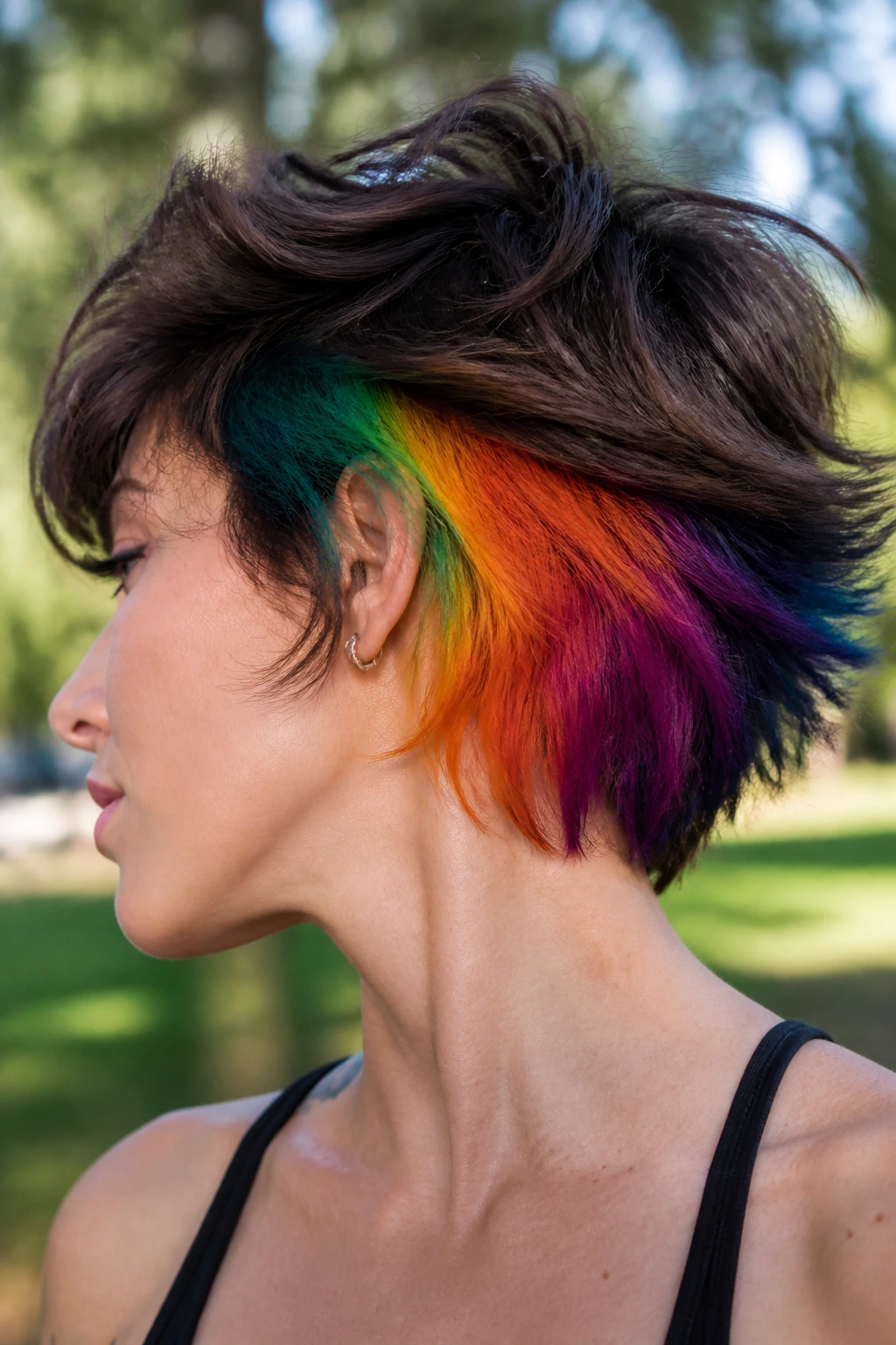 Close-up of Rainbow Underlayer Short Shag showing hidden rainbow underlayer as hair moves.