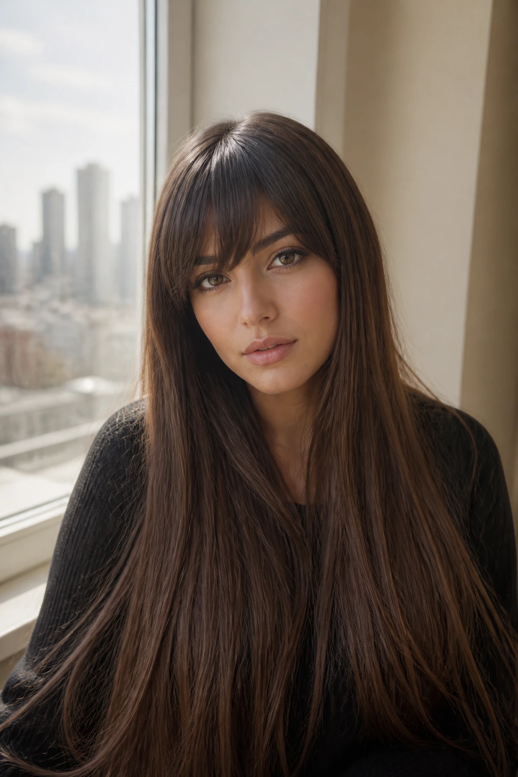 Close-up of a woman with long hair and a heavier bang.