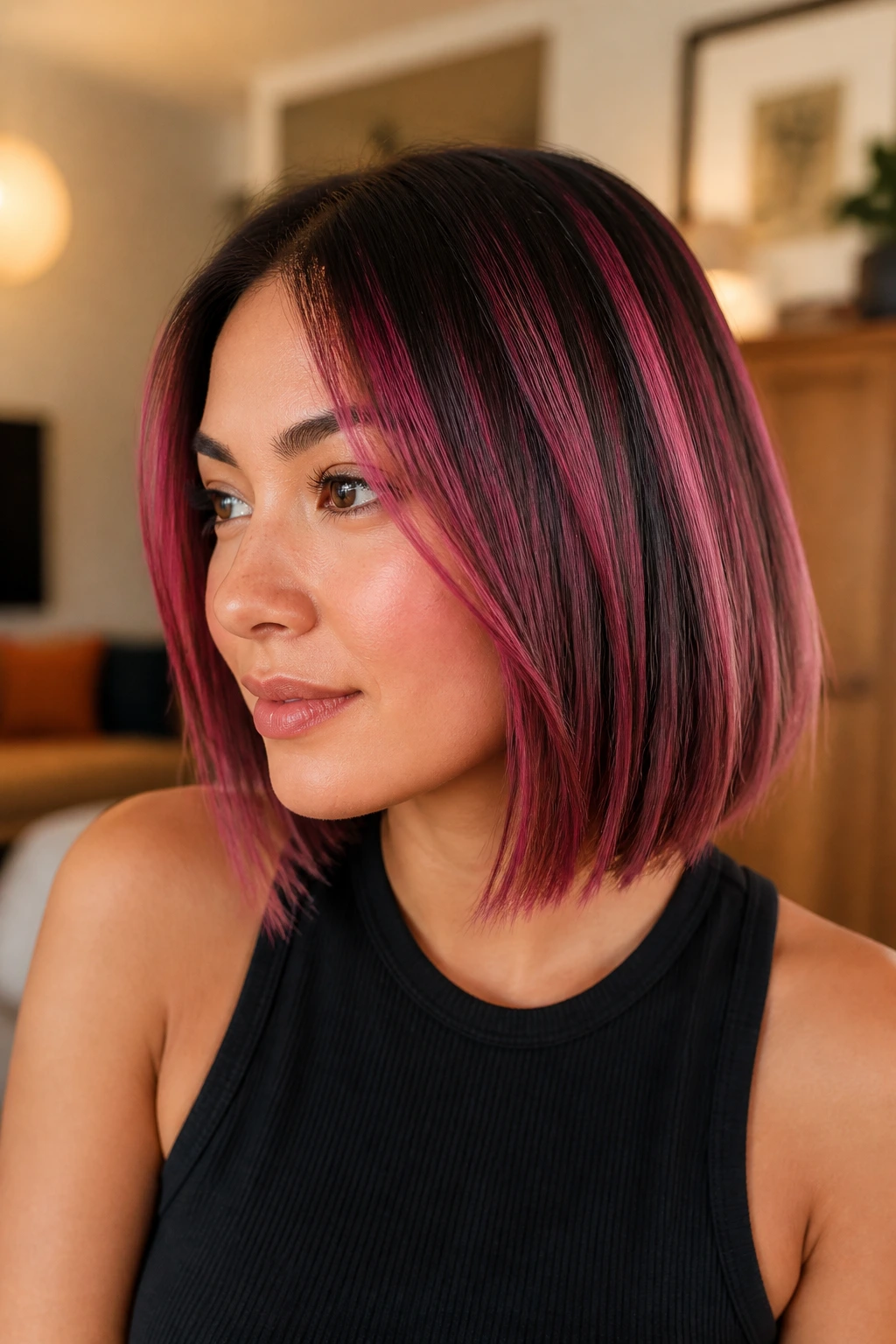 Close-up portrait of a real person with raspberry ribbon highlights on a blunt bob