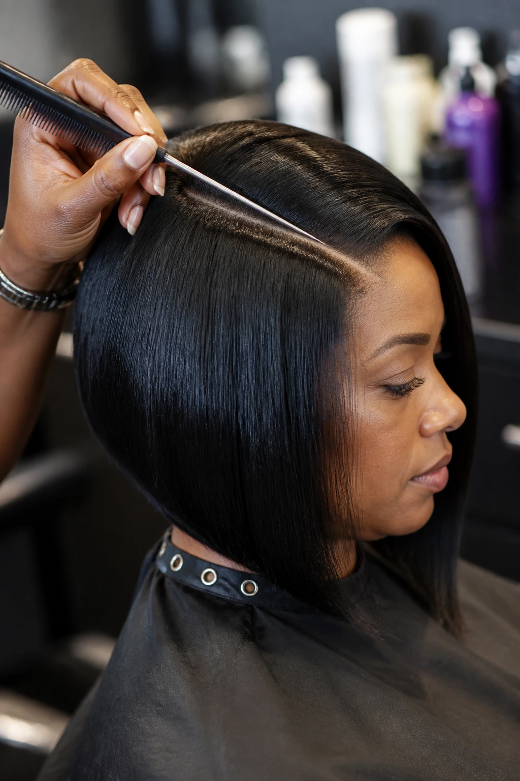 Close-up of a real head in a salon being shaped with a rat-tail comb at the crown