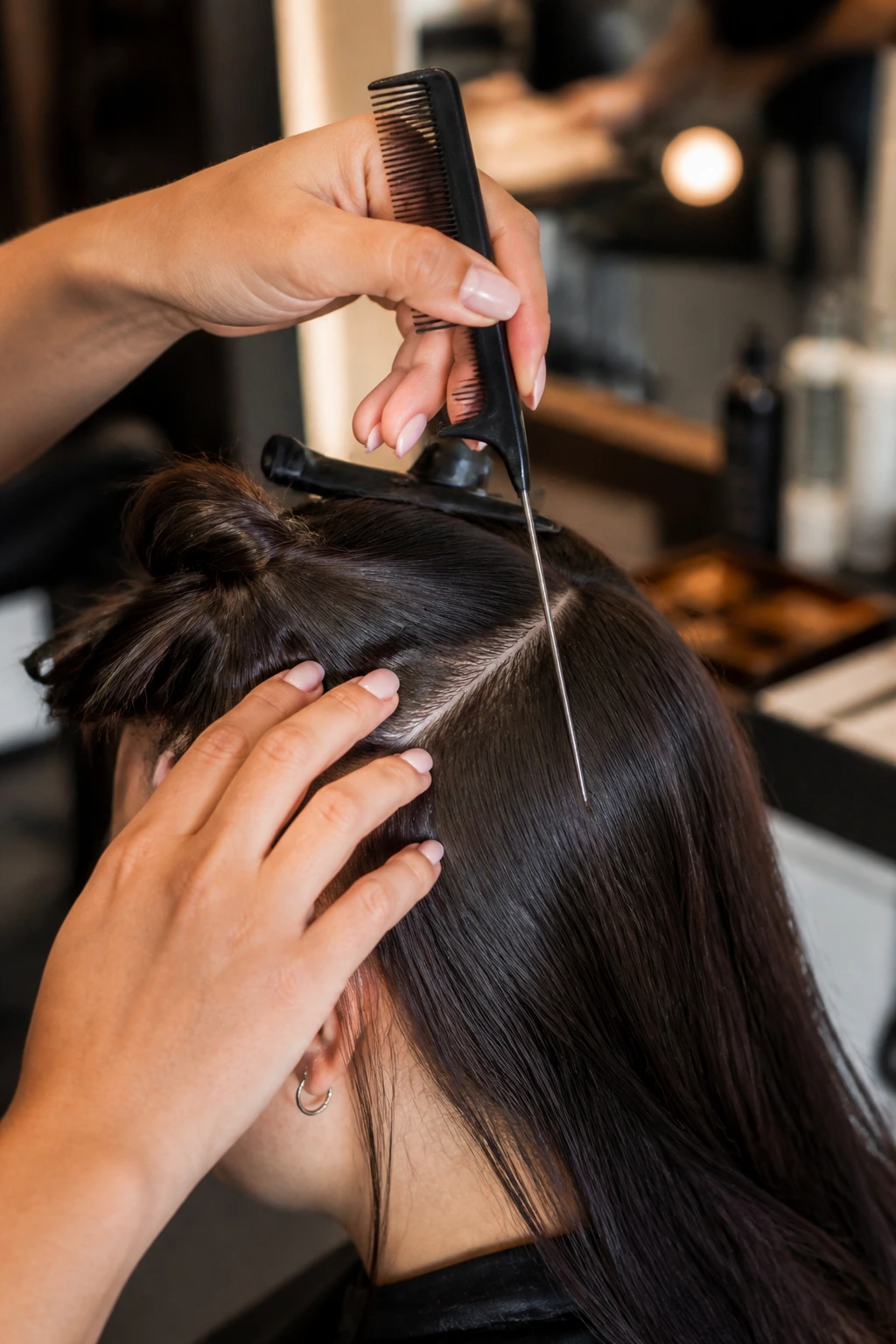 Close-up of rat-tail comb parting hair at a salon
