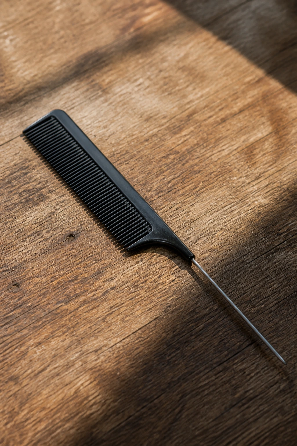 Close-up of a rat-tail comb on wood surface