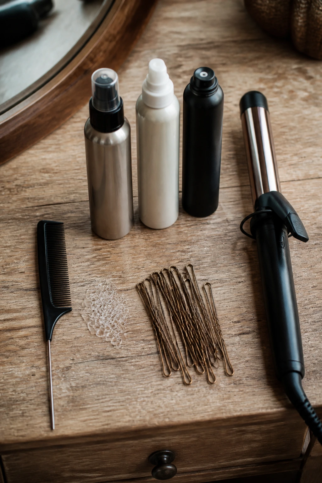 Top-down view of essential styling tools for warrior blonde looks