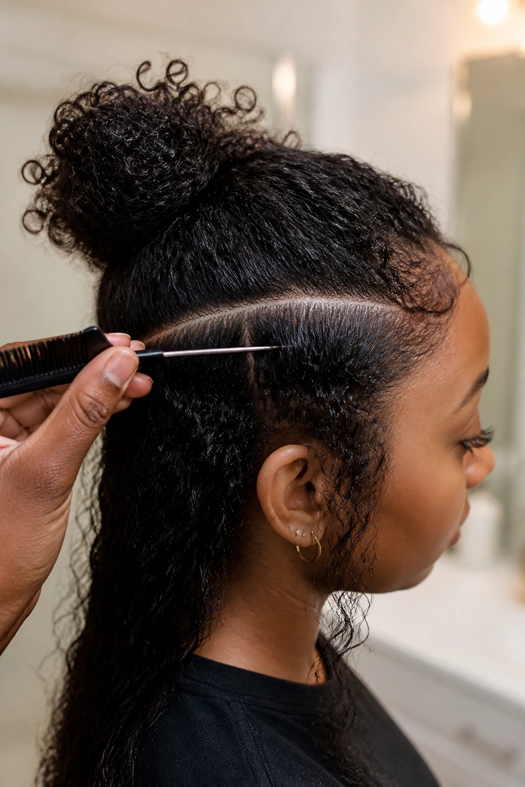 Close-up of a person using a rat-tail comb to part curly hair.