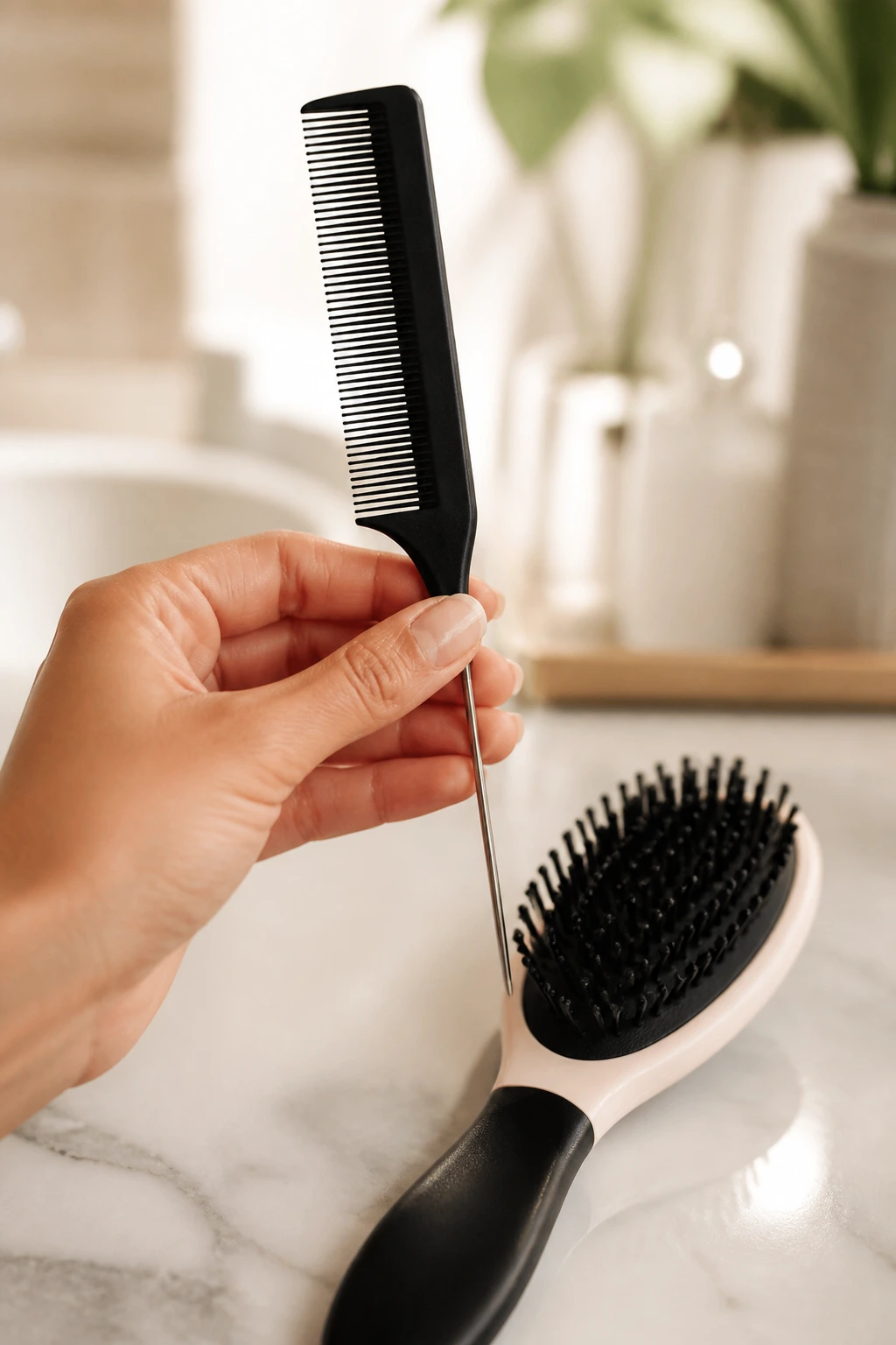 Hand holding rat-tail comb and detangling brush, essential braid tools