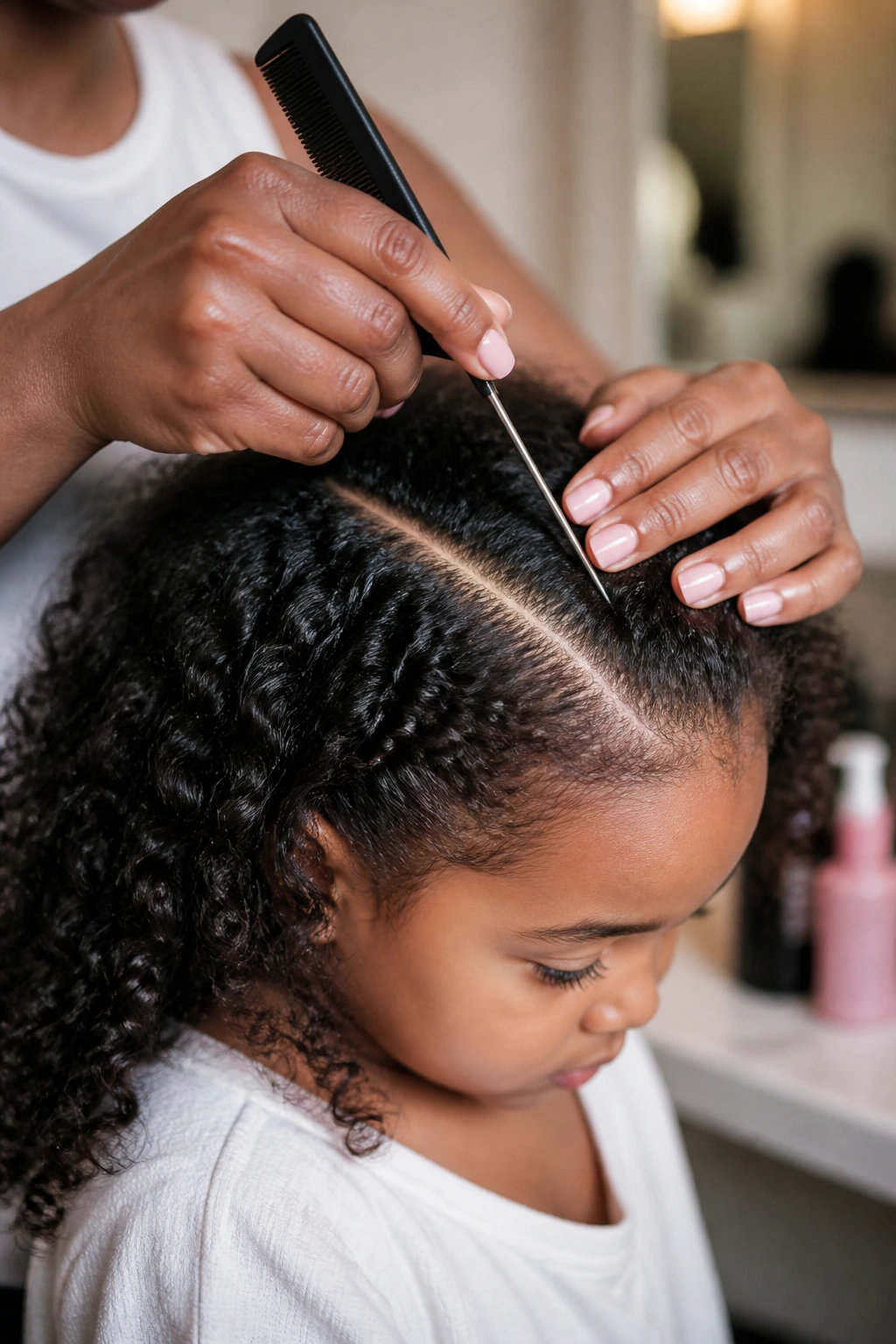 Close-up of a rat-tail comb parting a child's hair for braids.