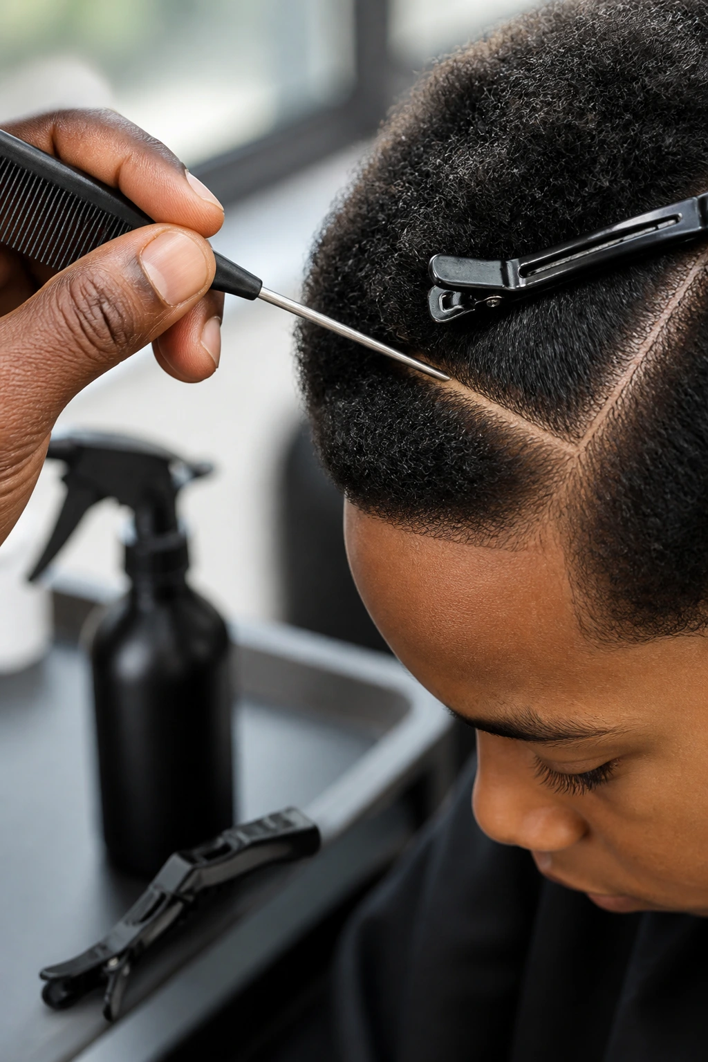 Close-up of rat-tail comb parting fine hair at a salon station