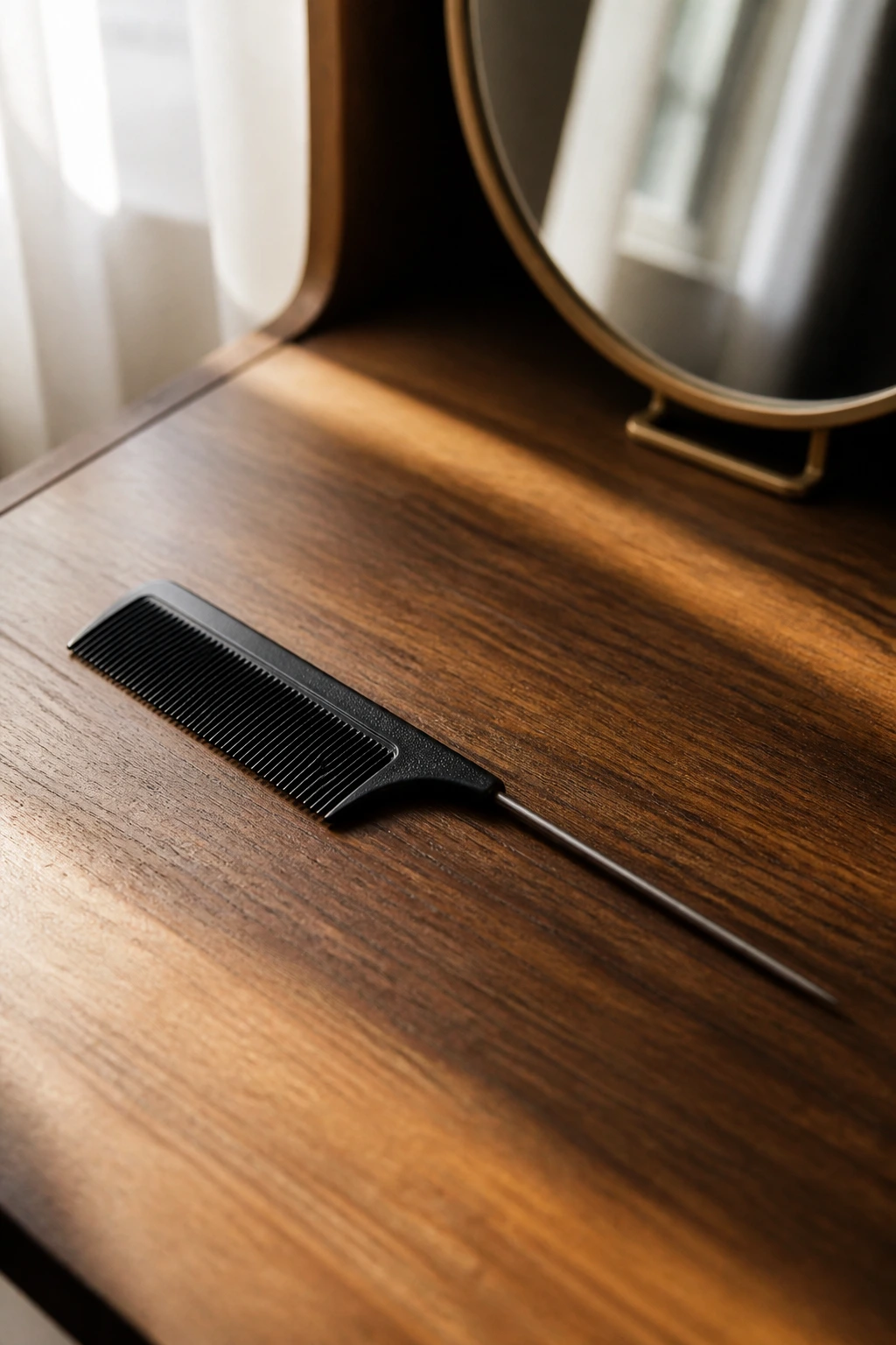 Close-up of a rat-tail comb on a wooden vanity