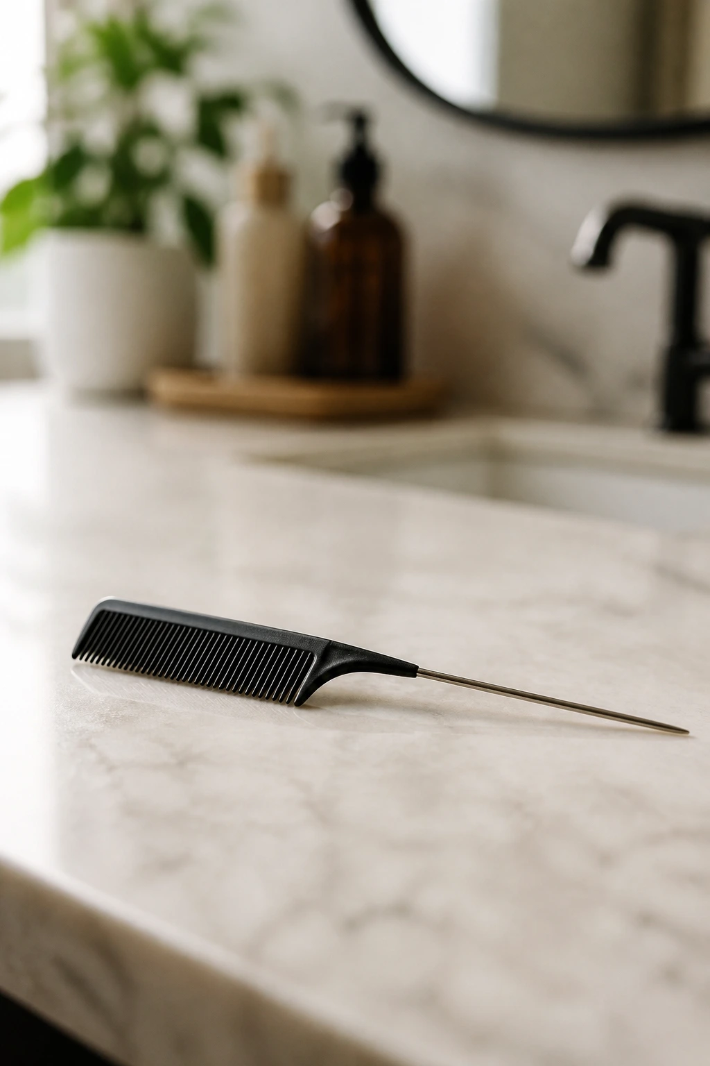 Close-up of a rat-tail comb on a bathroom counter, essential hair tools
