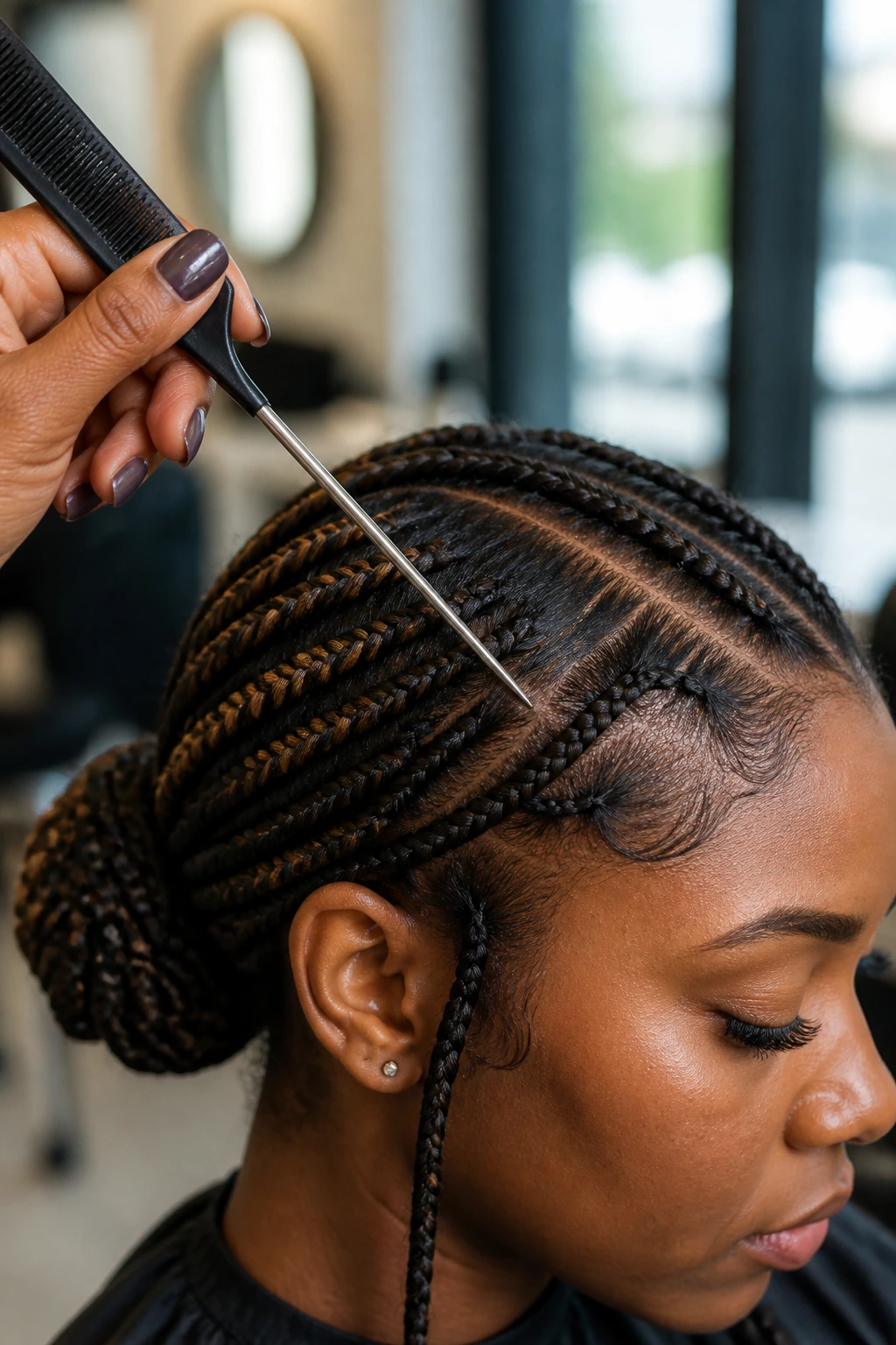 Close-up of rat-tail comb parting hair in a salon