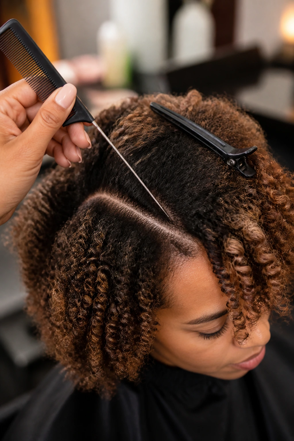 Hand and rat-tail comb parting curly hair on a real person