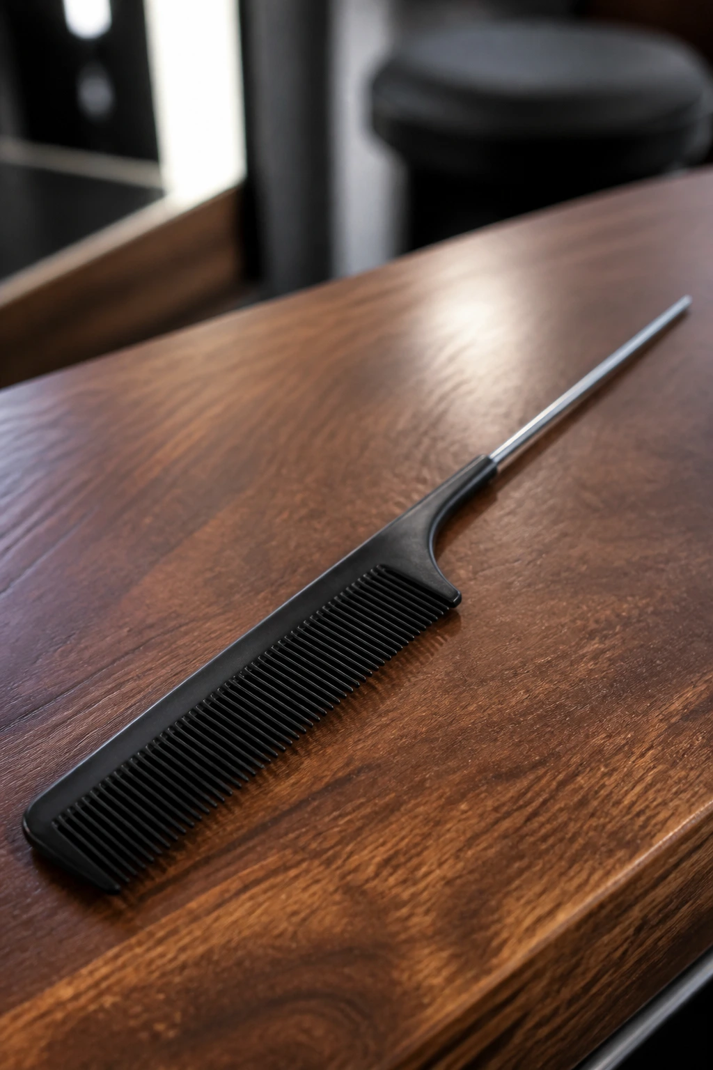 Close-up of a rat-tail comb on a salon station.