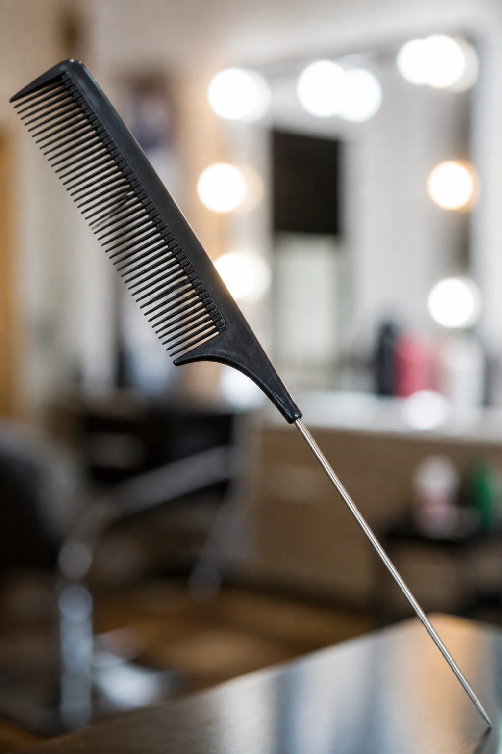 Close-up of rat-tail comb with a softly blurred salon background