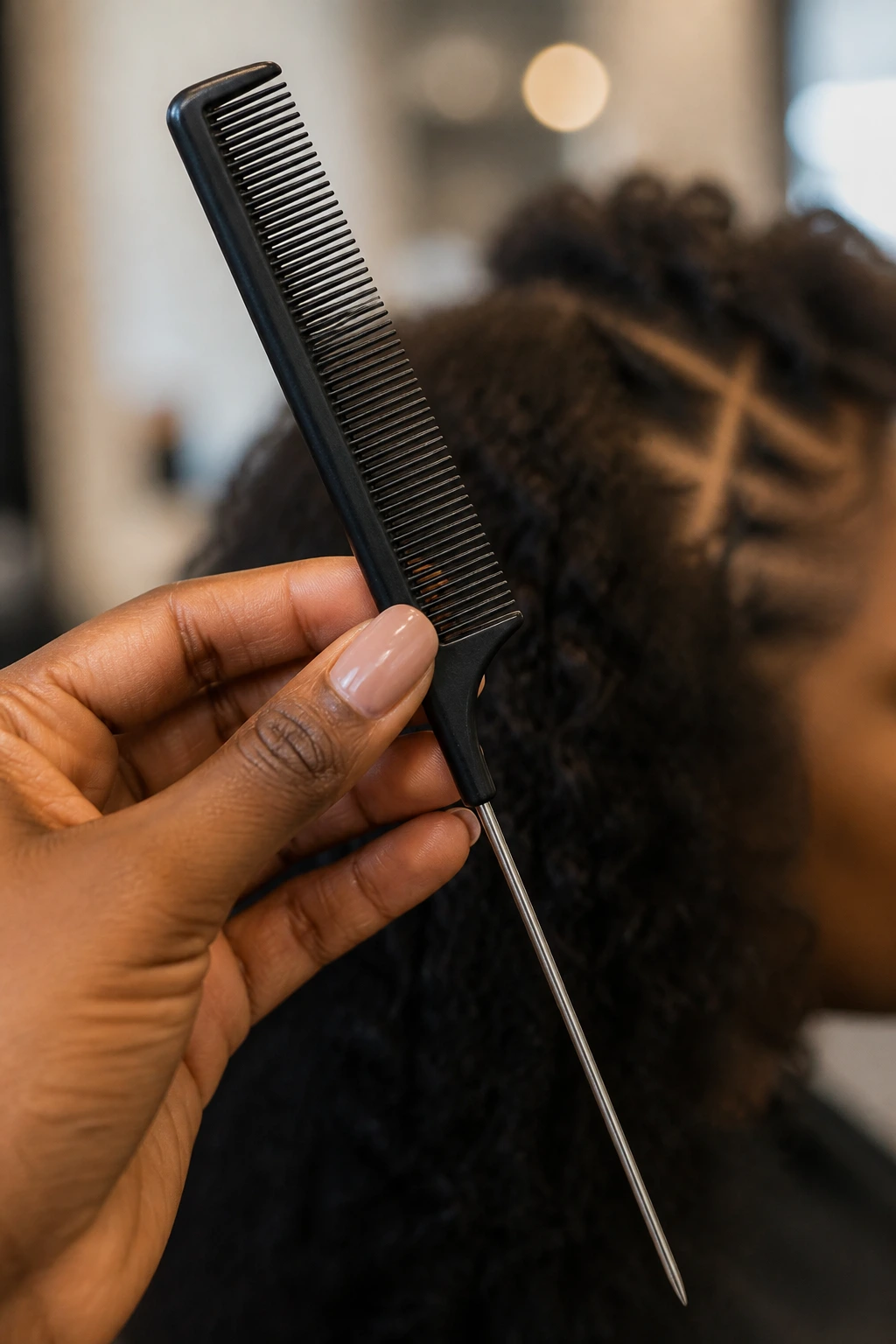Close-up of a rat-tail comb for half braids with blurred hair background.