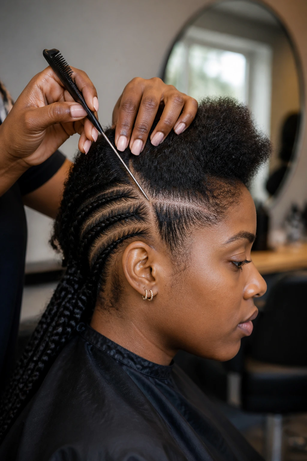 Close-up of rat-tail comb parting hair in a salon