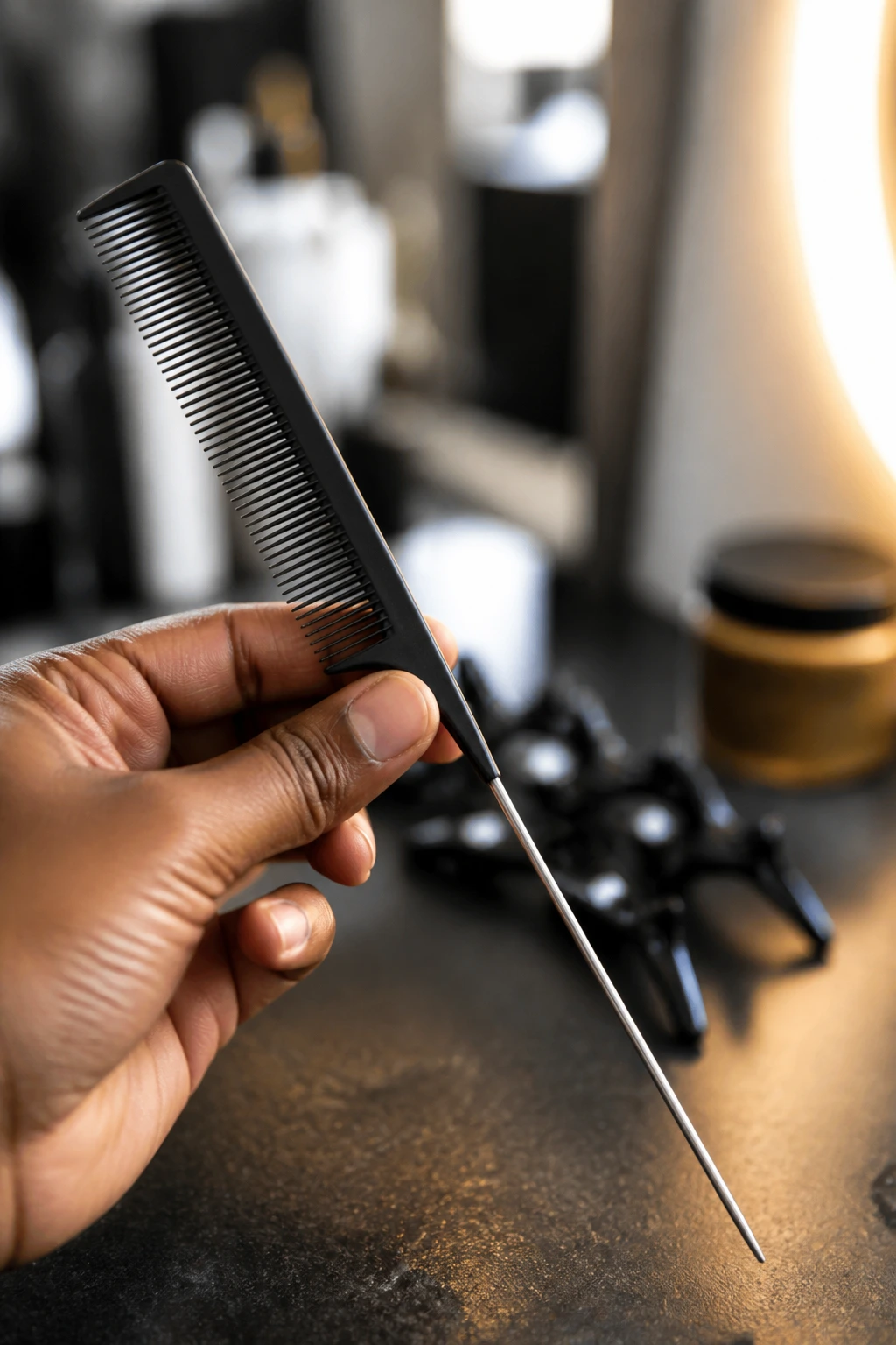 Close-up of a rat-tail comb showing the tail and teeth in a salon setting.