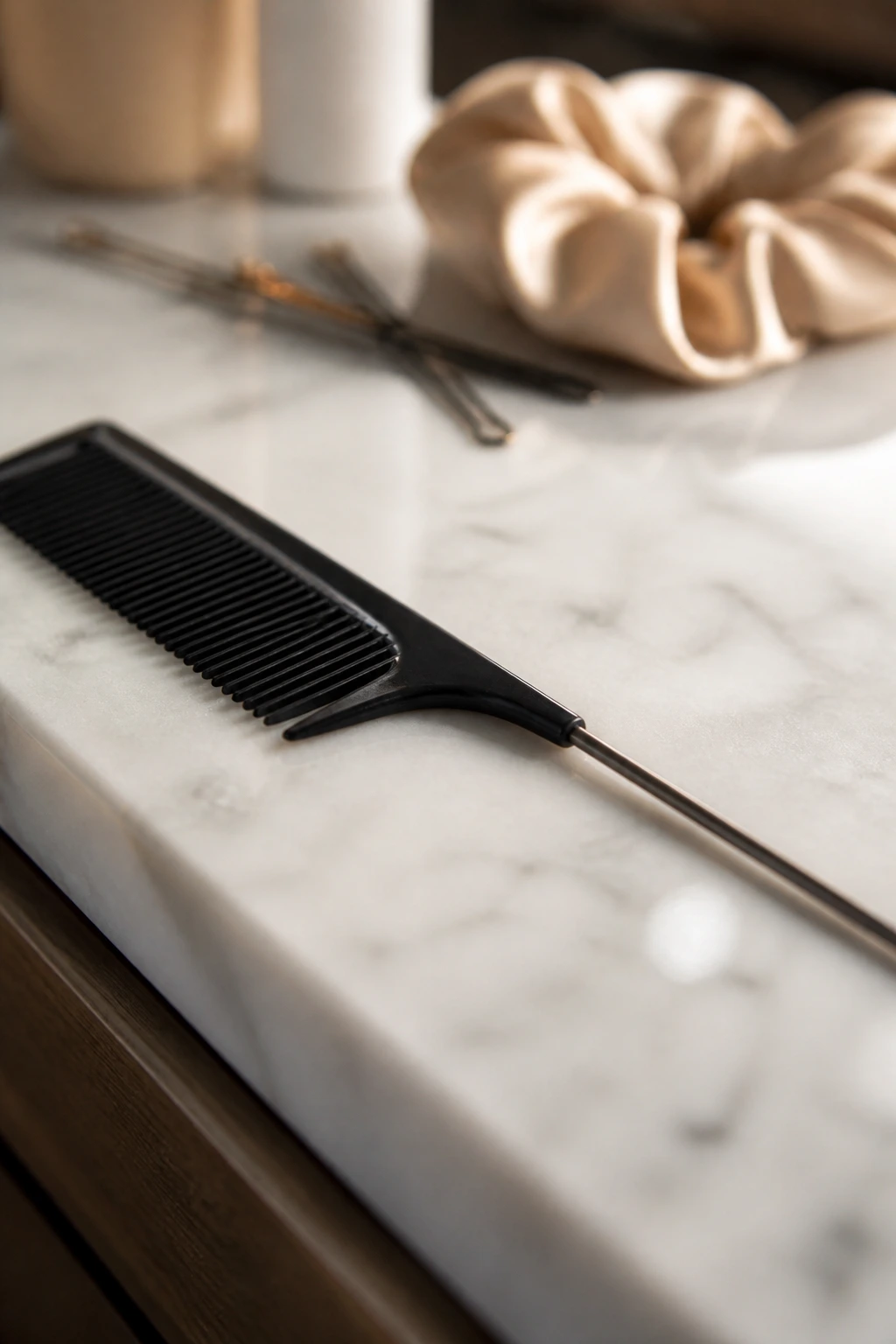 Close-up of a rat-tail comb used for hair parting on a bathroom counter