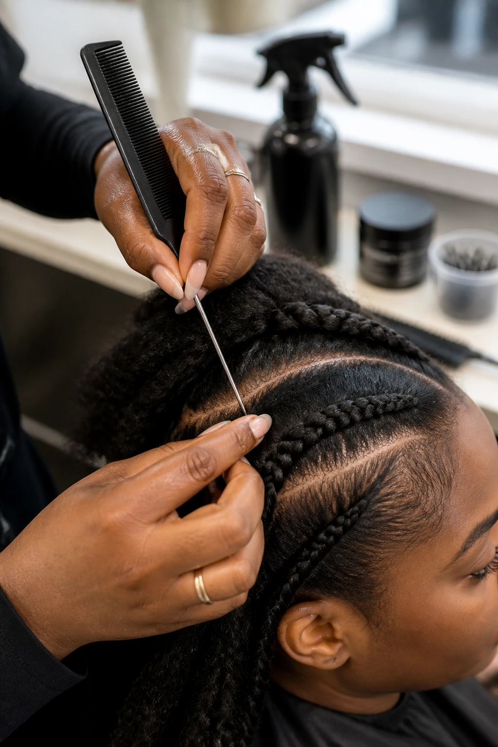 Close-up of hands using a rat-tail comb during braiding