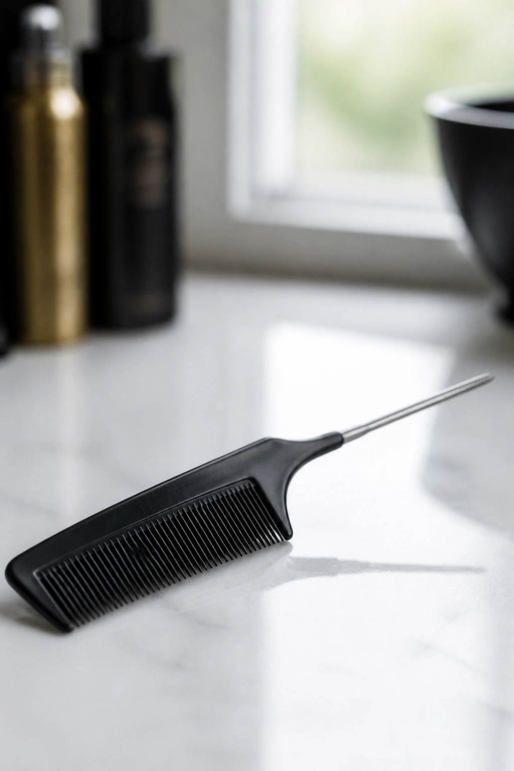 Close-up of a rat-tail comb on a salon counter for precise parting
