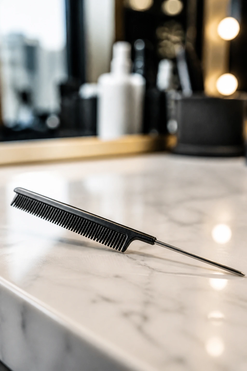 Rat-tail comb on salon surface, tool-focused.