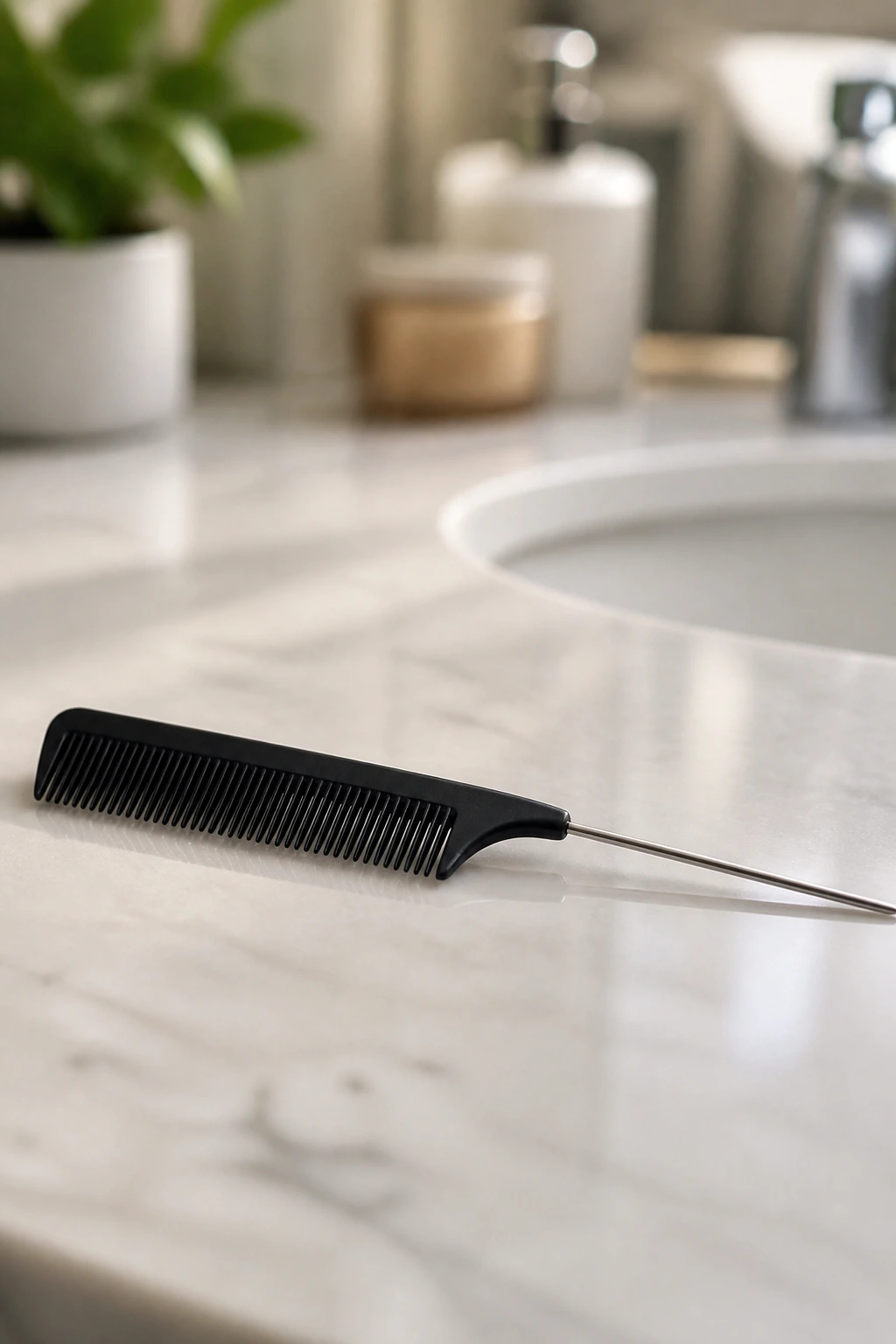 Rat-tail comb close-up on a vanity