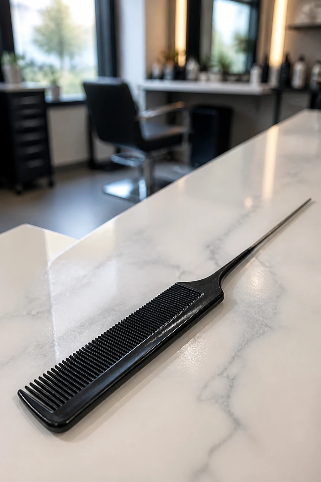 Close-up of rat-tail comb on a clean surface in a salon setting