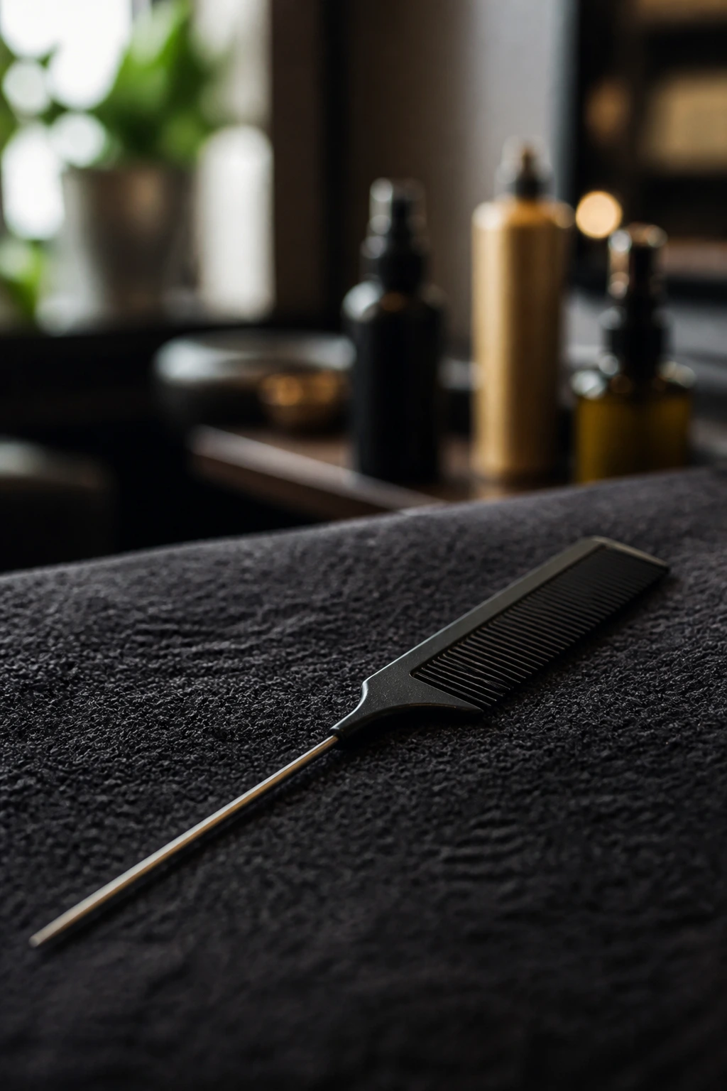 Close-up of a rat-tail comb on a textured surface in a salon-like setting