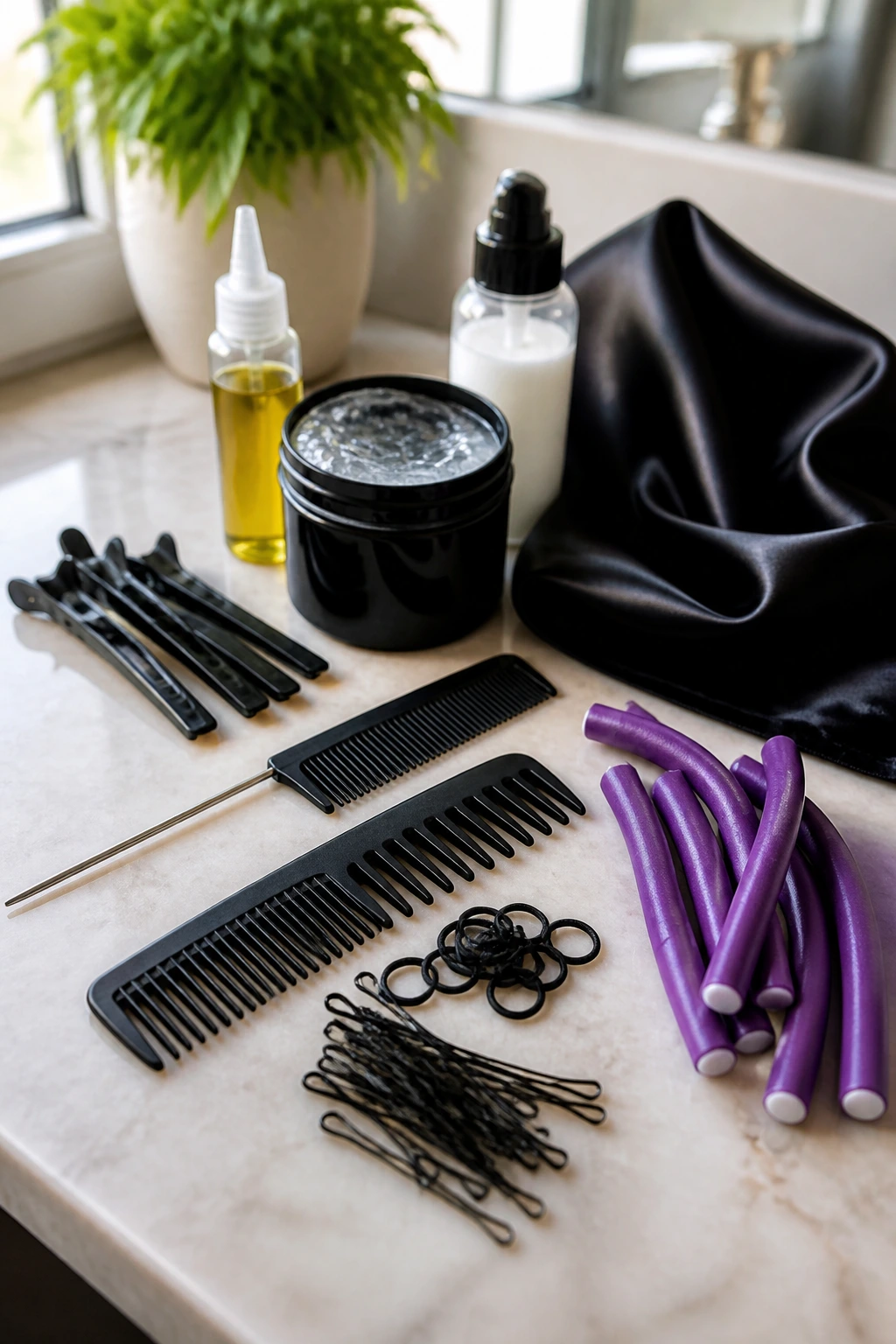 Close-up arrangement of hair styling tools for cornrow-and-curl styles on a bathroom counter.