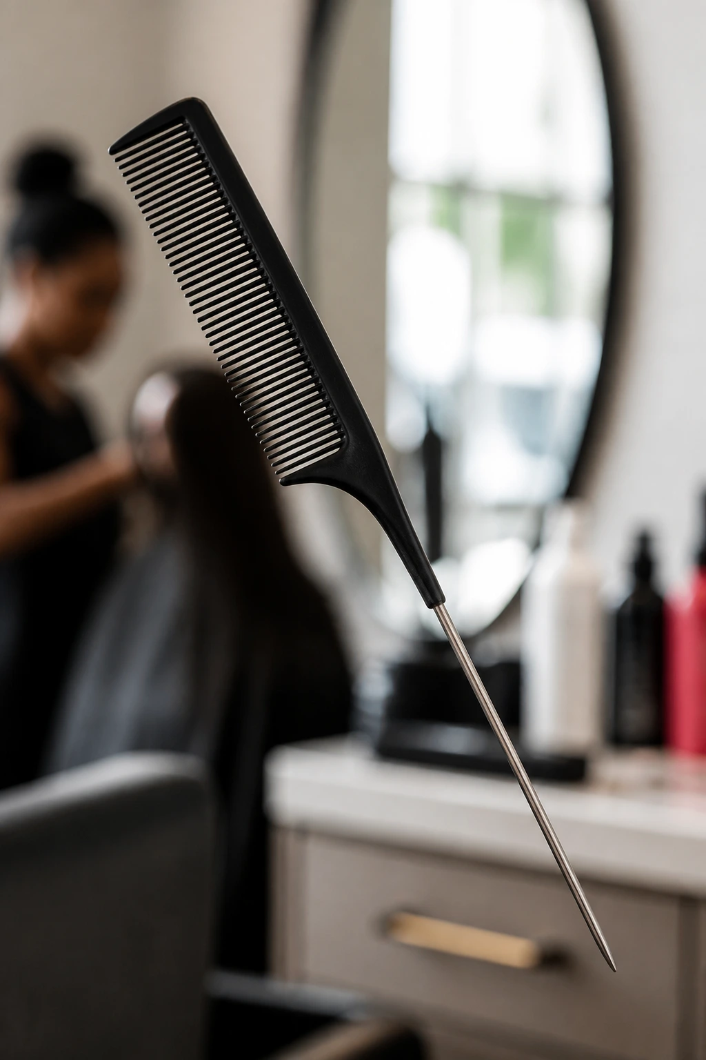 Close-up of rattail comb in a salon setting