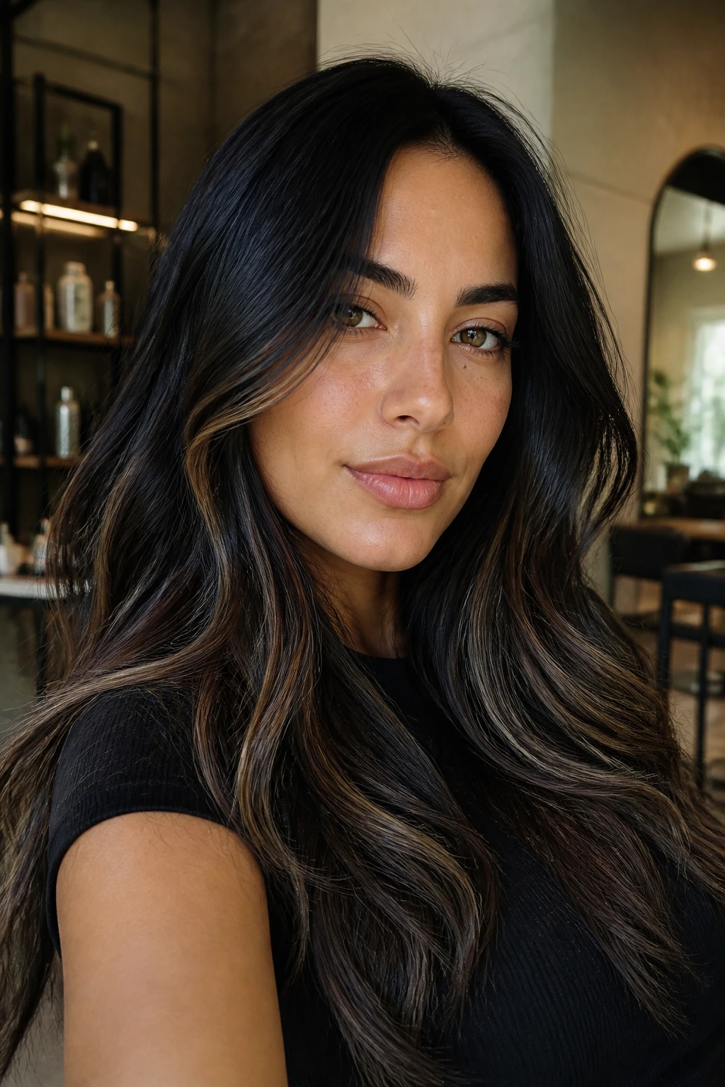 Close-up portrait of olive-toned person with raven-black hair and mushroom brown lowlights
