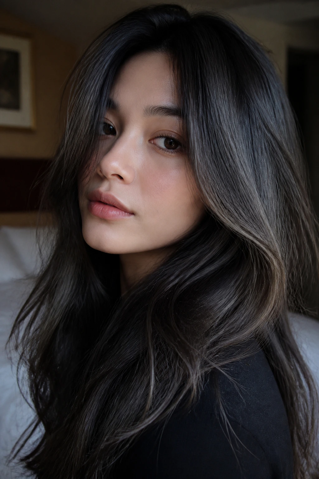 Close-up of a raven brunette with a soft gray veil sheen.