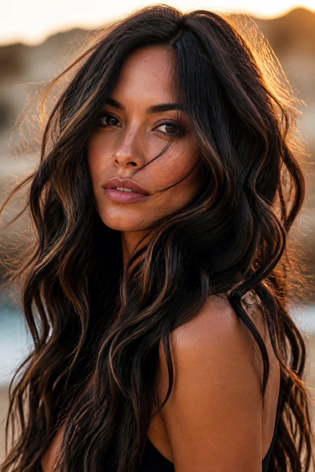 Portrait of a woman with medium skin tone showing bold raven lowlights in beachy waves