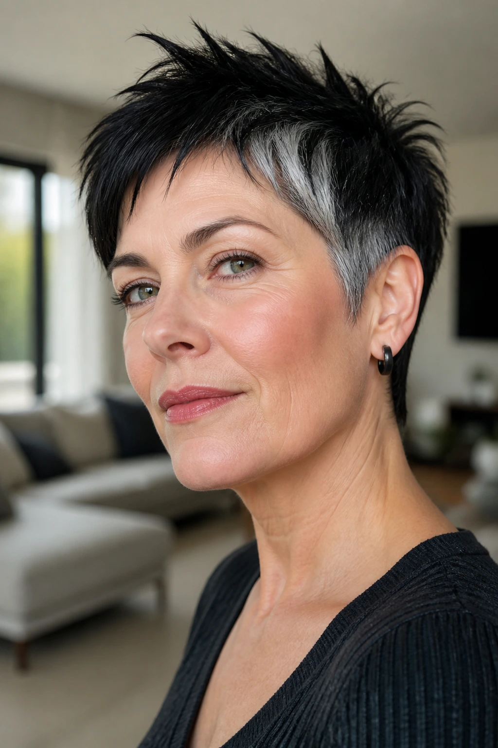 Portrait of a person with raven pixie and bright temple streaks.