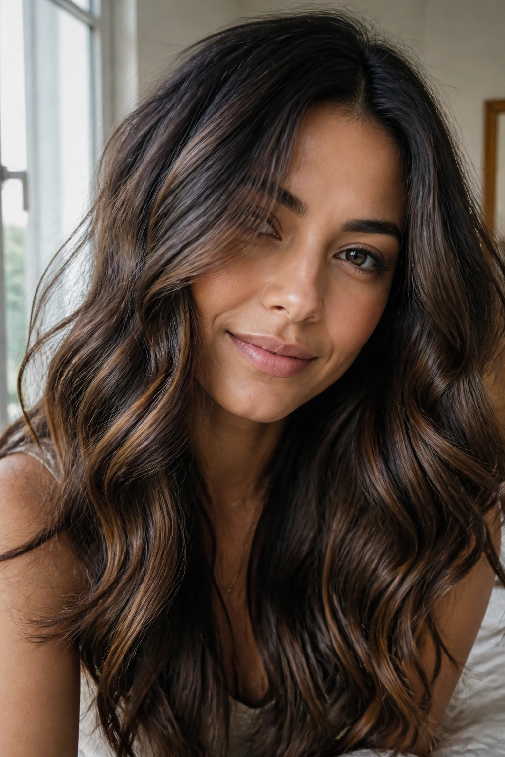 Hair with soft raven ribbons in warm brunette waves on medium skin