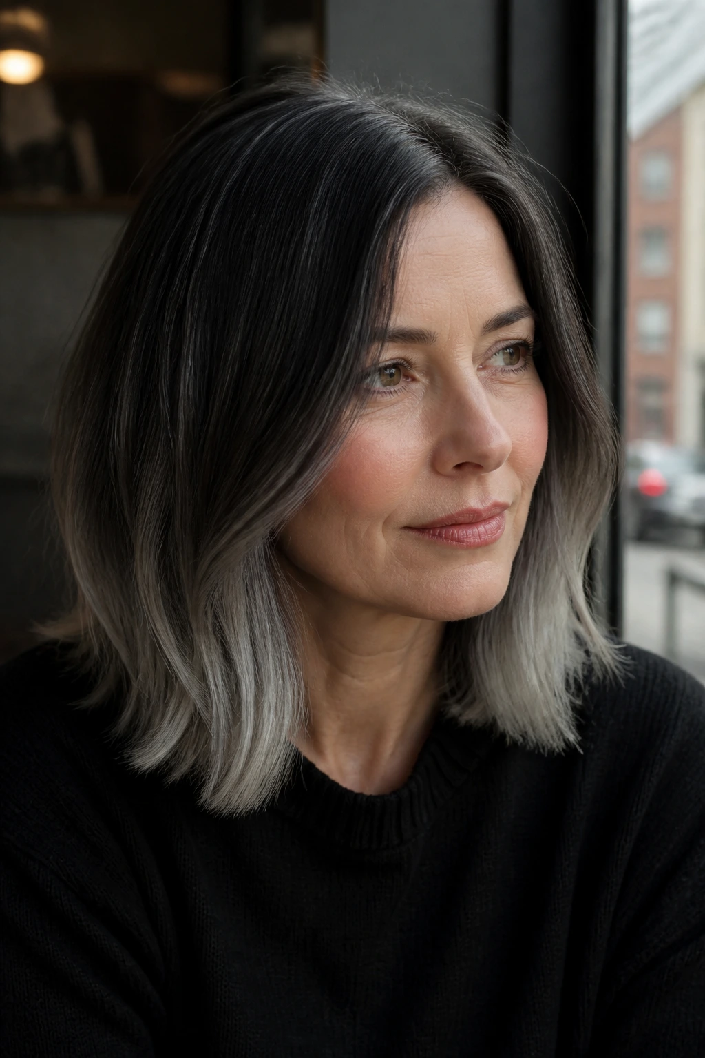 Portrait of a person with raven-to-steel collarbone lob color transition